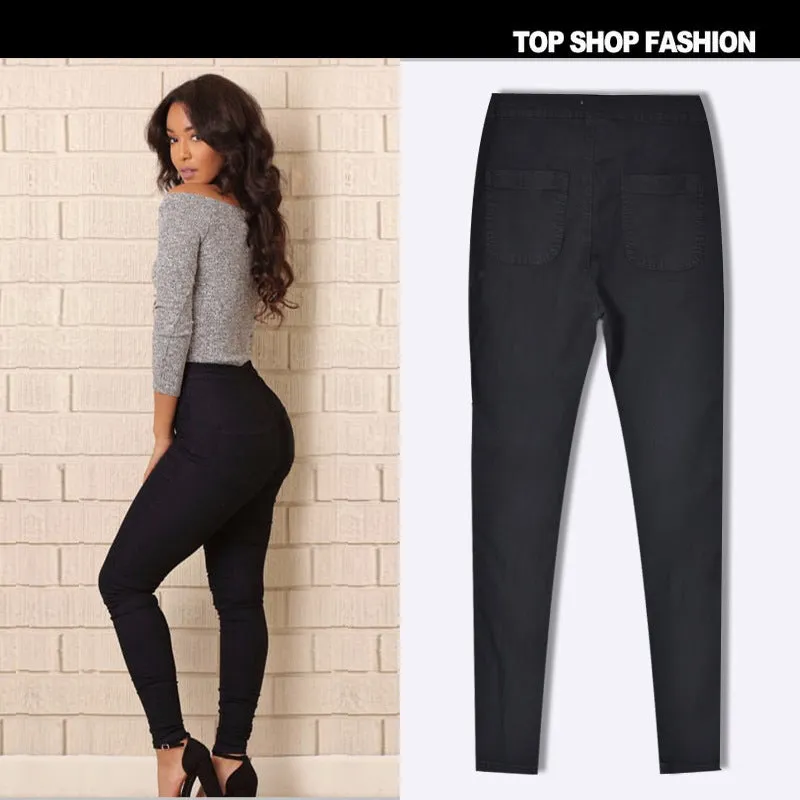 High Waist Solid Color Elastic Long Skinny Pants