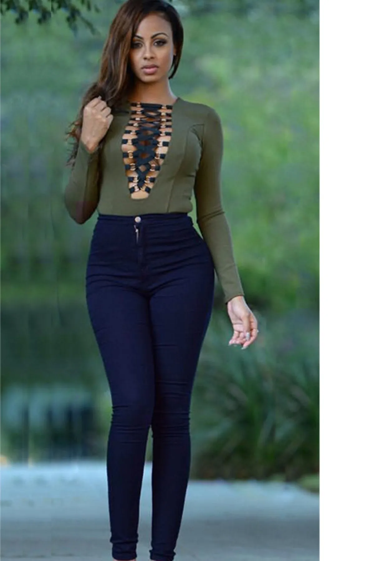 High Waist Solid Color Elastic Long Skinny Pants