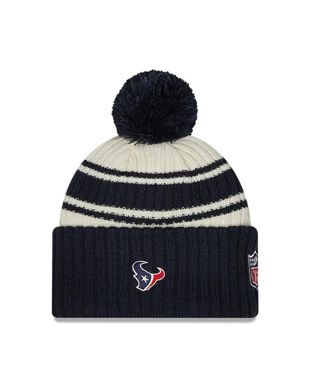 Houston Texans New Era 2022 Sideline - Sport Cuffed Pom Knit Hat - Cream/Navy