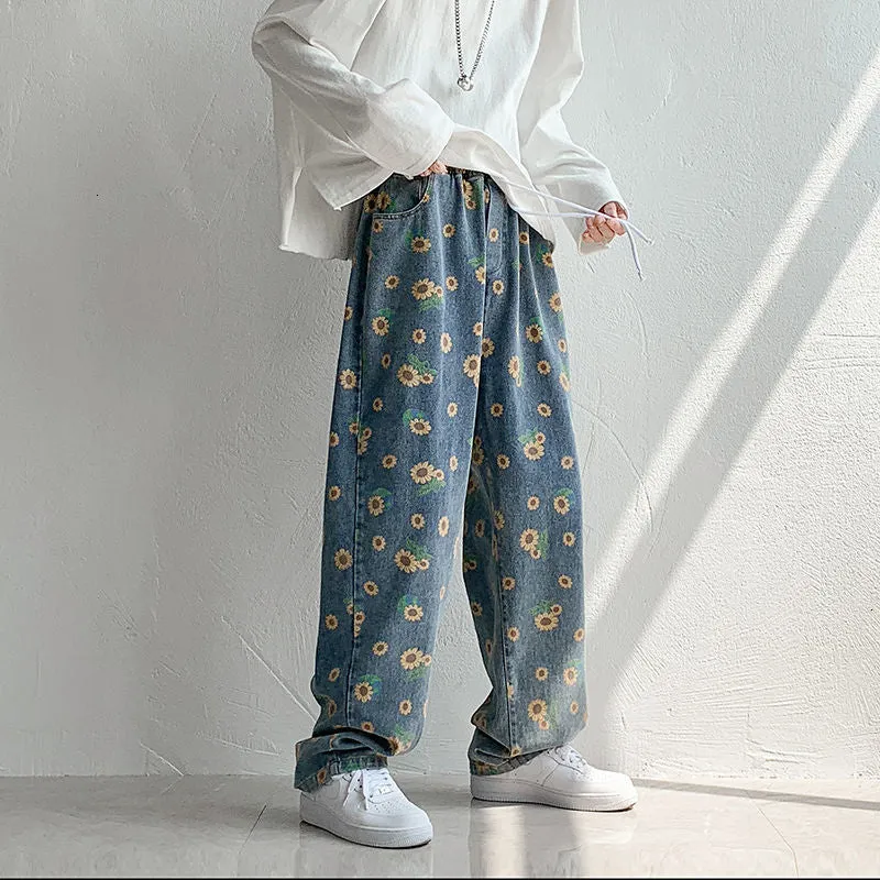 Jinquedai  Hip Hop Men's Graphic Printed Jeans Woman Autumn Fashion Trousers Casual Oversize Korean Streetwear Male Pants
