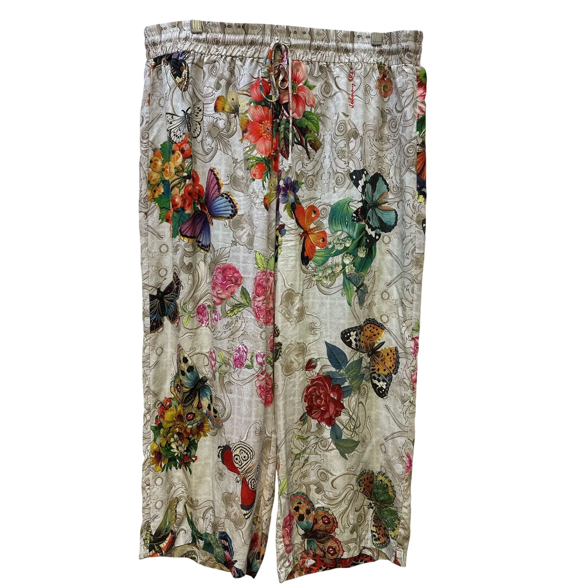 Johnny Was Beige & Multi-colored Print Silk Wide-Leg Pants Size XL
