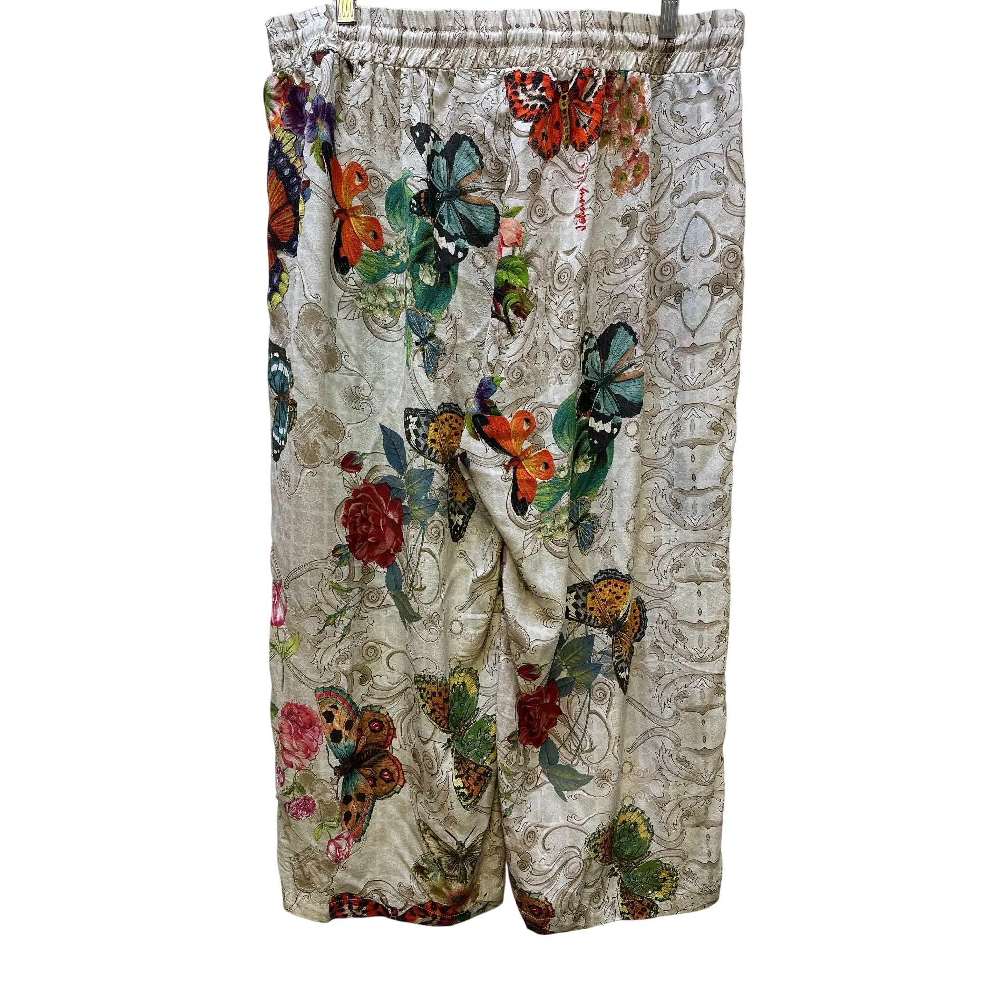 Johnny Was Beige & Multi-colored Print Silk Wide-Leg Pants Size XL