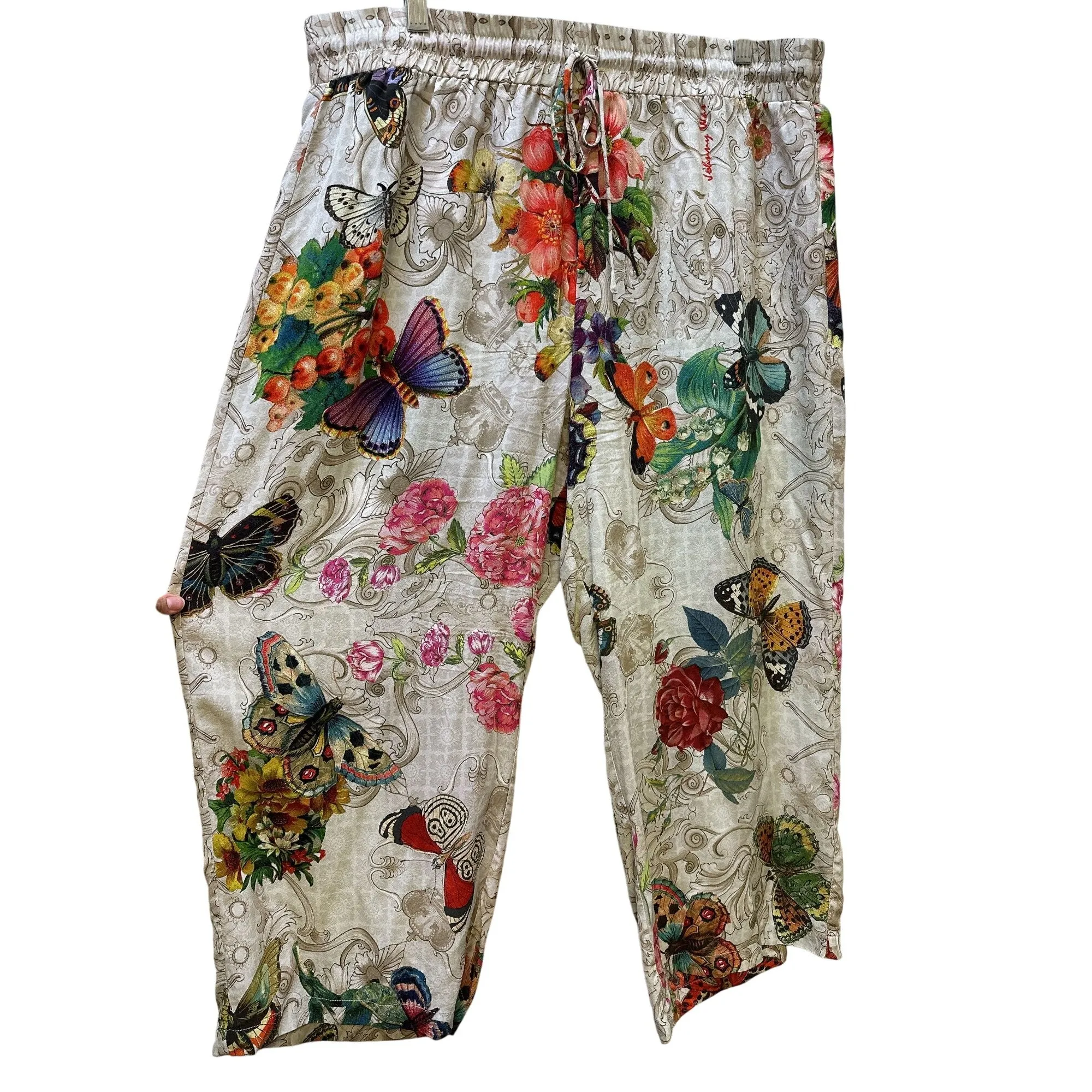 Johnny Was Beige & Multi-colored Print Silk Wide-Leg Pants Size XL