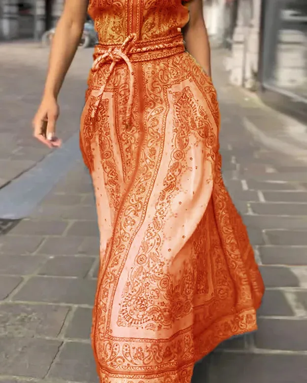 LAPEL CASHEW FLOWER PRINT WAIST TIE TWO-PIECE SET