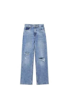 ‘Lillian’ Washed Ripped High-Waist Wide-Leg Jeans