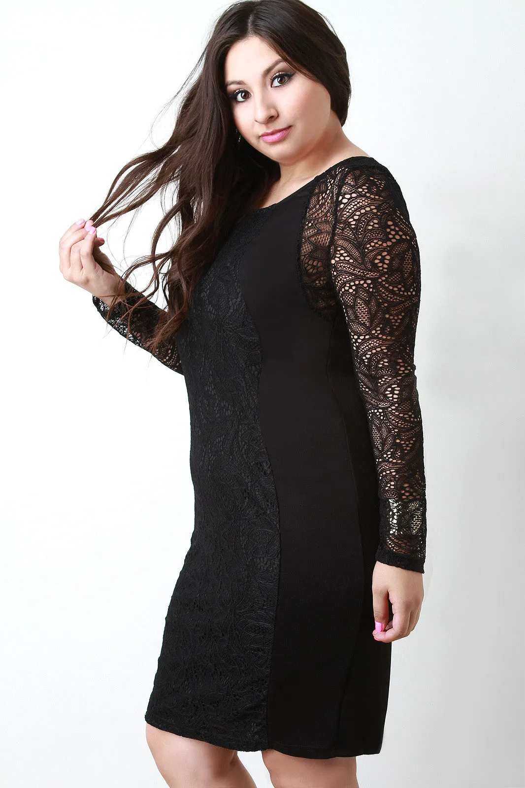 Long Sleeve Lace Contrast Bodycon Dress