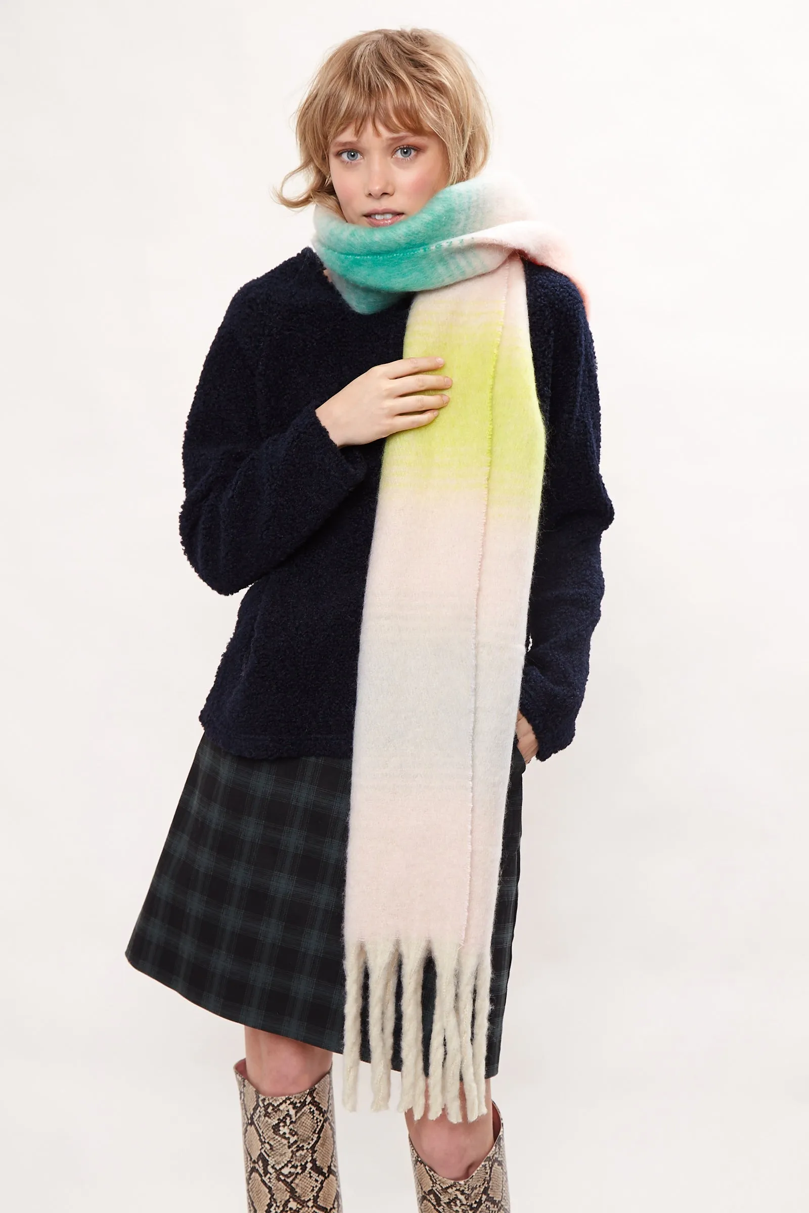 Louche Ciara Cosy Fluffy Striped Tassel Scarf - Pink