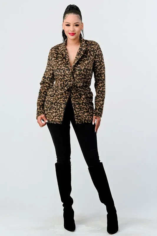 Lux Leopard Tie Waist Blazer Jacket