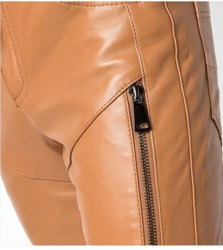 Men's Tan Genuine Leather Slim Biker trouser pants
