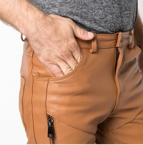 Men's Tan Genuine Leather Slim Biker trouser pants