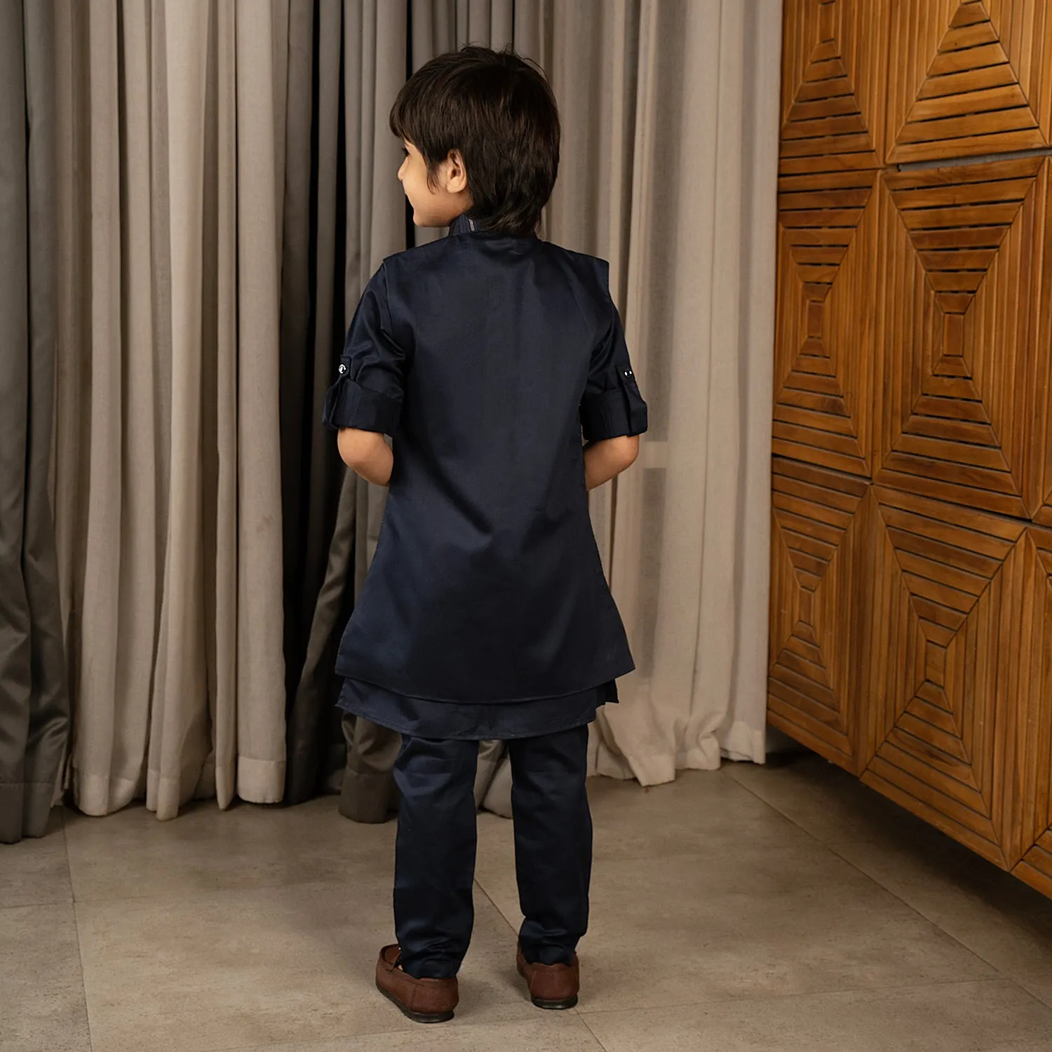 Ministitch full sleeves kurta pyjama set with sequin embroidered Jacket for boys - Navyblue