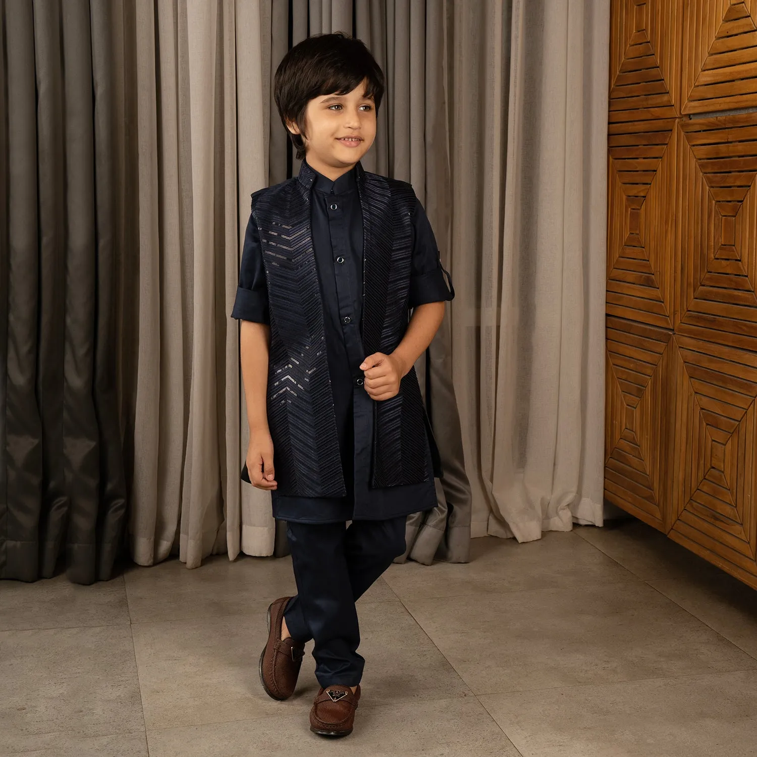 Ministitch full sleeves kurta pyjama set with sequin embroidered Jacket for boys - Navyblue