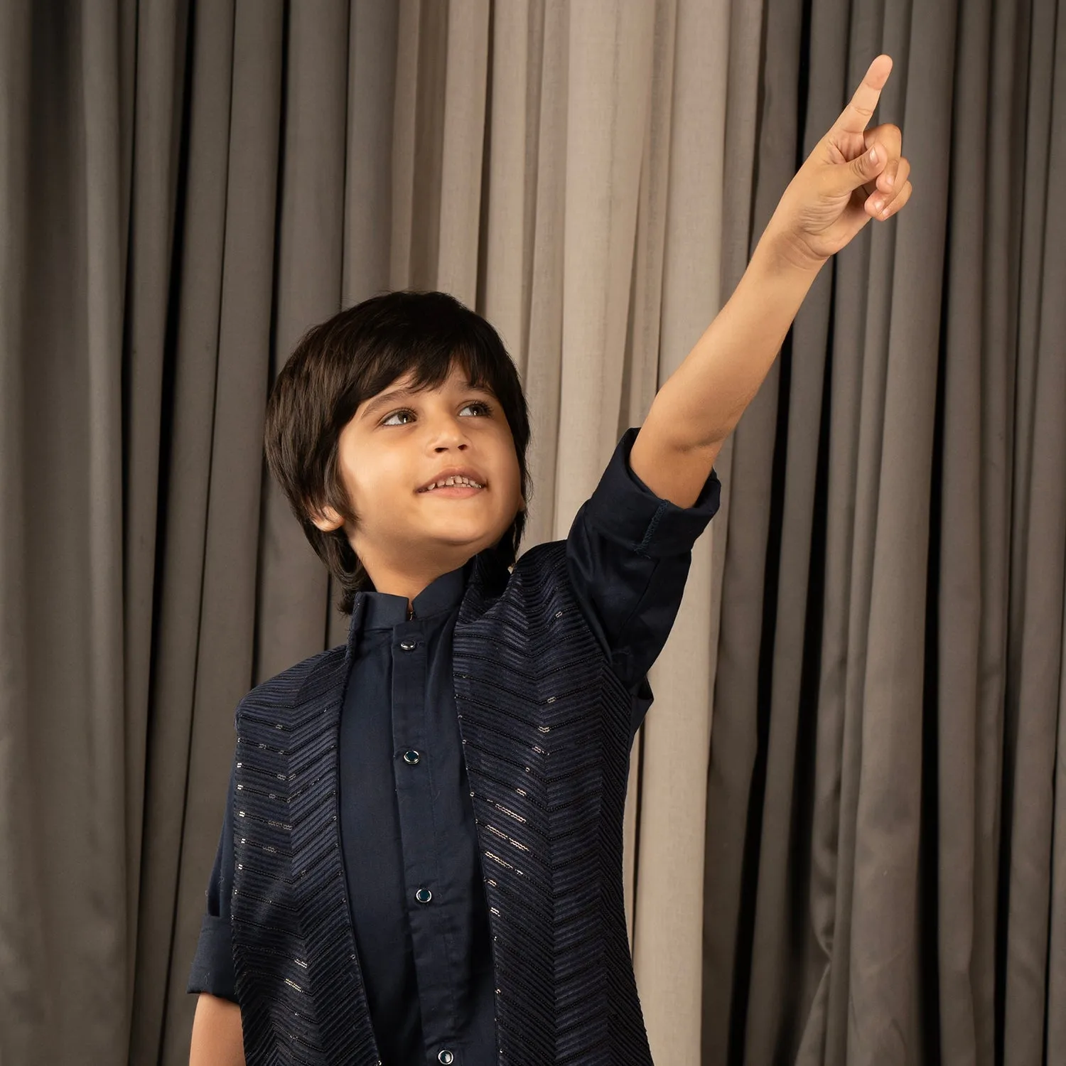 Ministitch full sleeves kurta pyjama set with sequin embroidered Jacket for boys - Navyblue