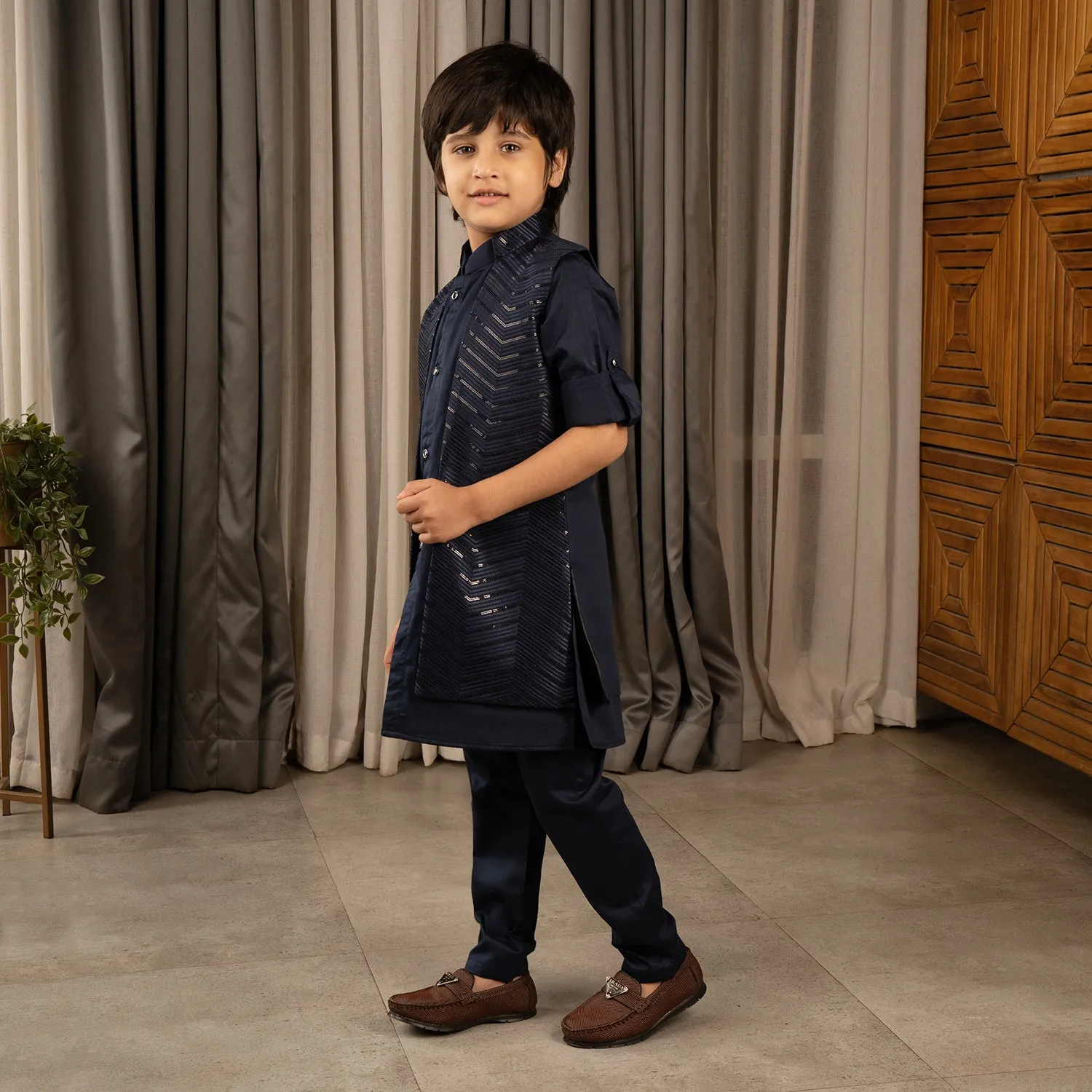 Ministitch full sleeves kurta pyjama set with sequin embroidered Jacket for boys - Navyblue