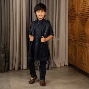 Ministitch full sleeves kurta pyjama set with sequin embroidered Jacket for boys - Navyblue