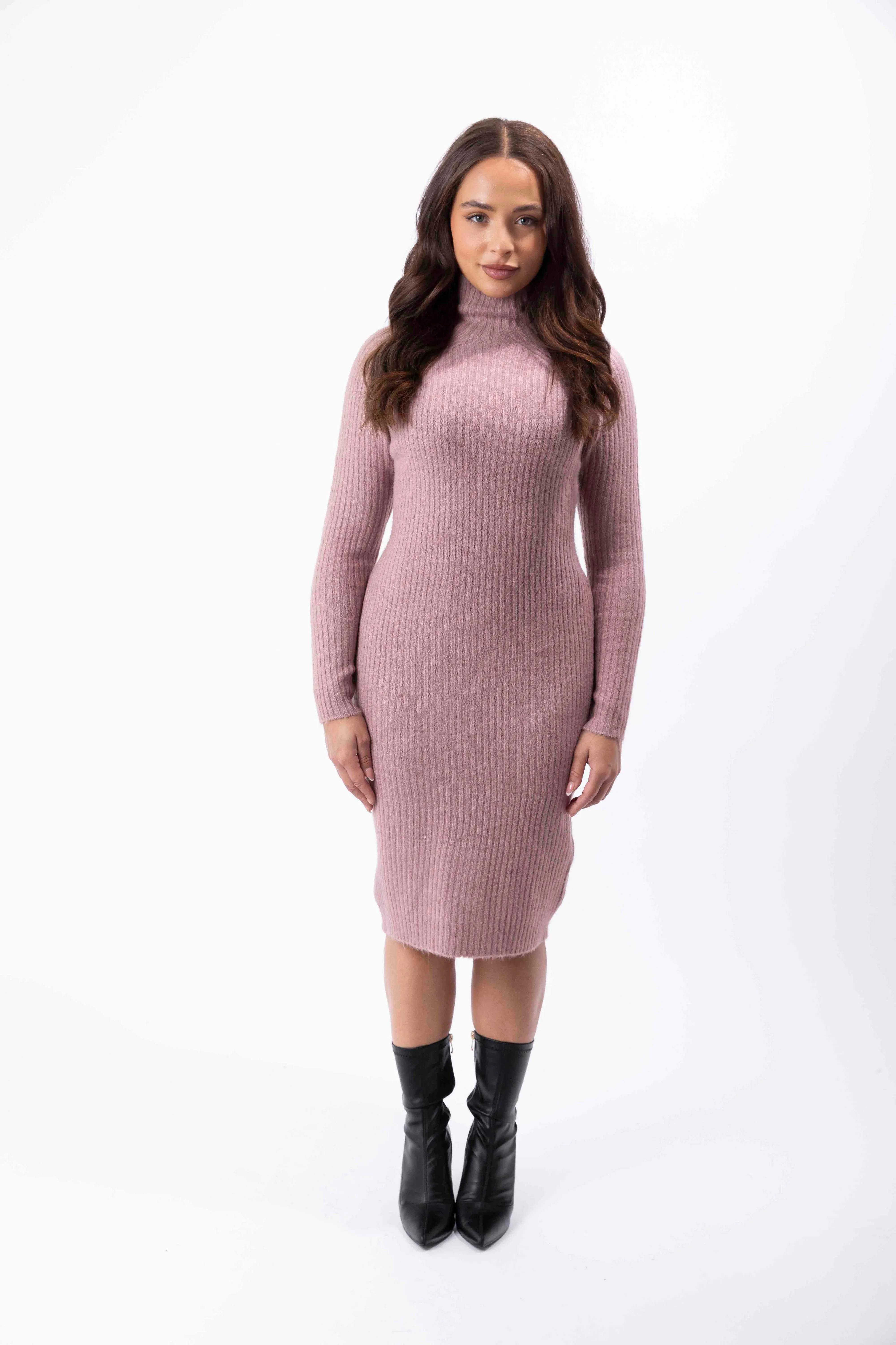 Mock Neck Ribbed Knit Stretchy Midi Bodycon Dress