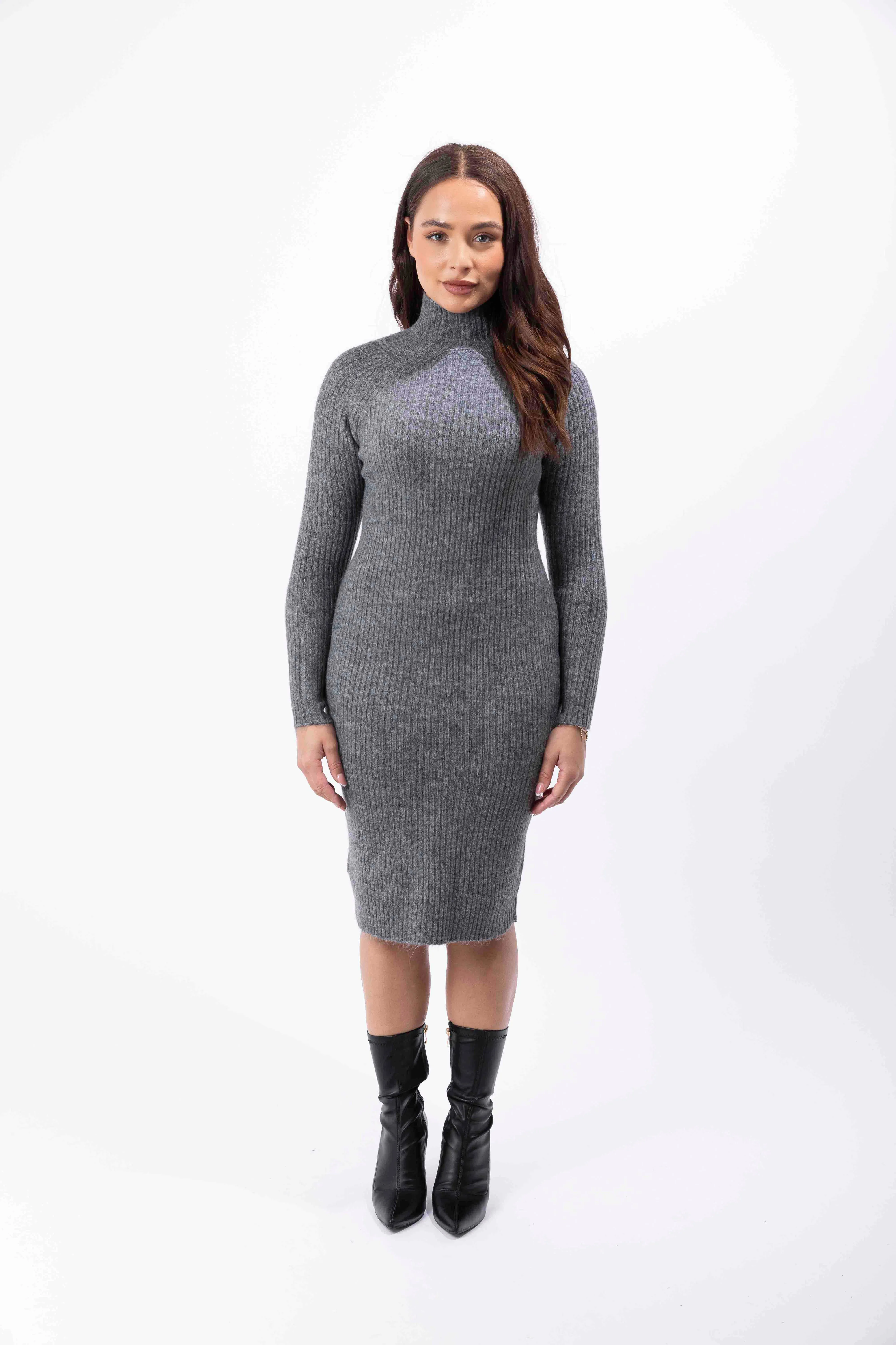 Mock Neck Ribbed Knit Stretchy Midi Bodycon Dress