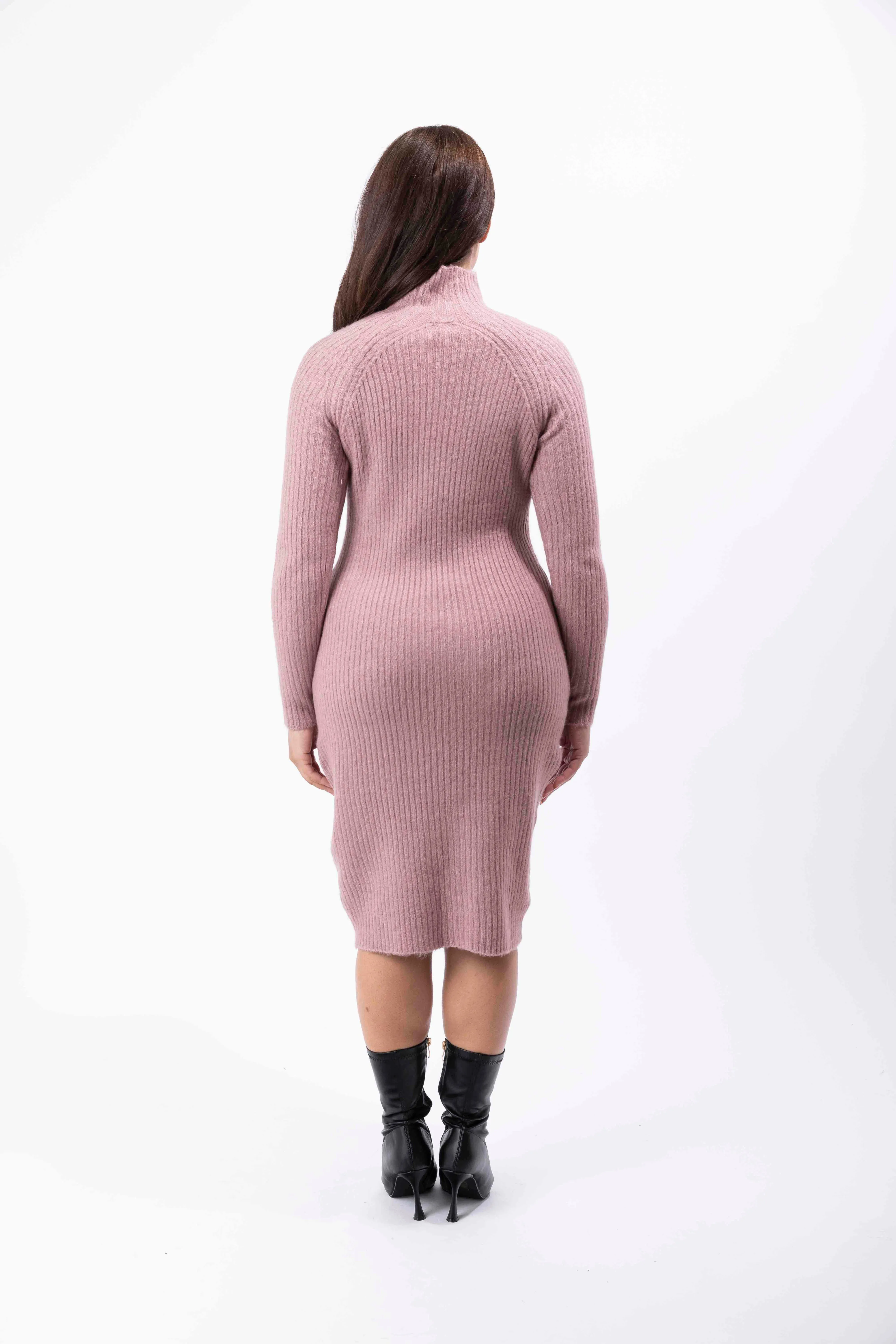 Mock Neck Ribbed Knit Stretchy Midi Bodycon Dress