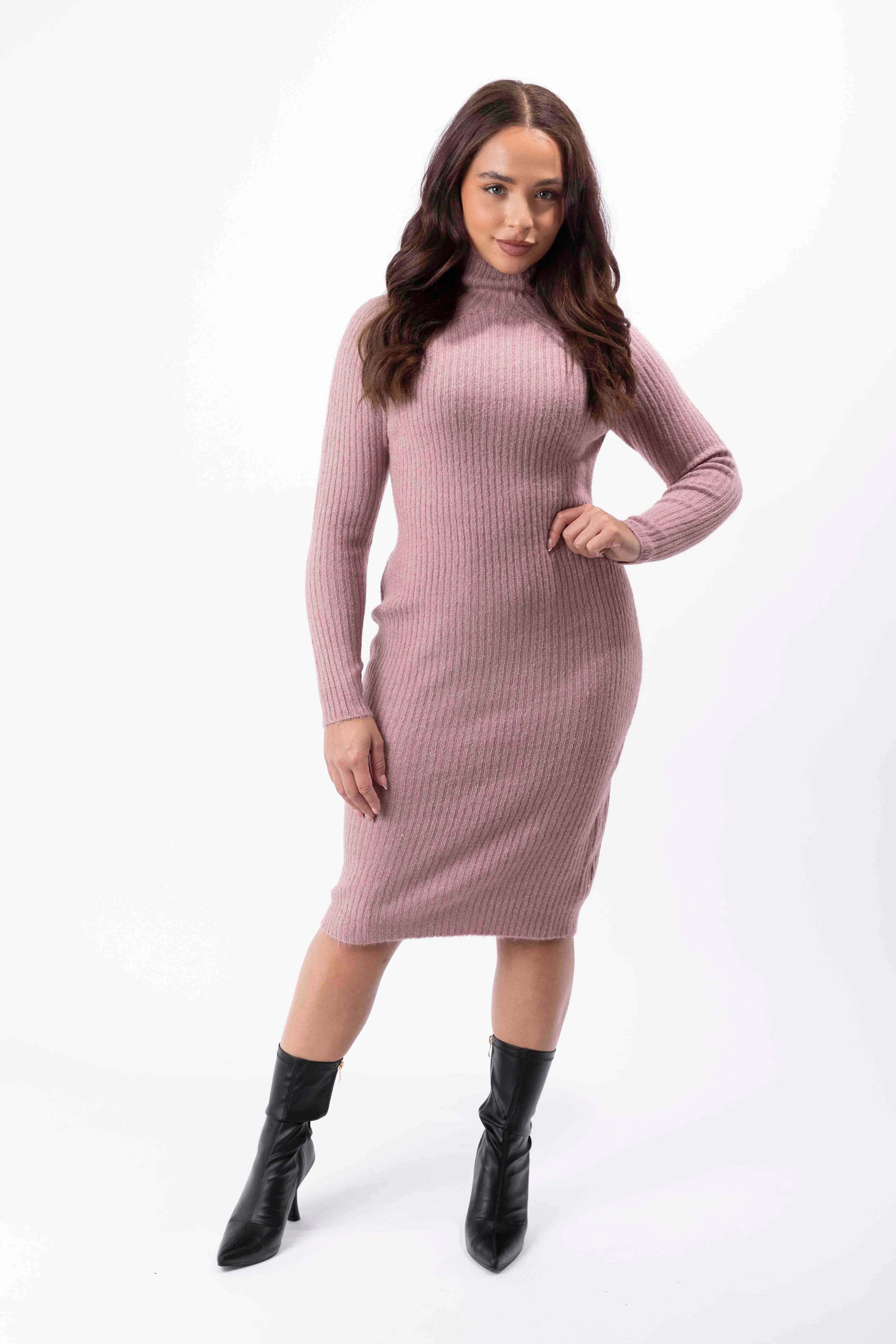 Mock Neck Ribbed Knit Stretchy Midi Bodycon Dress