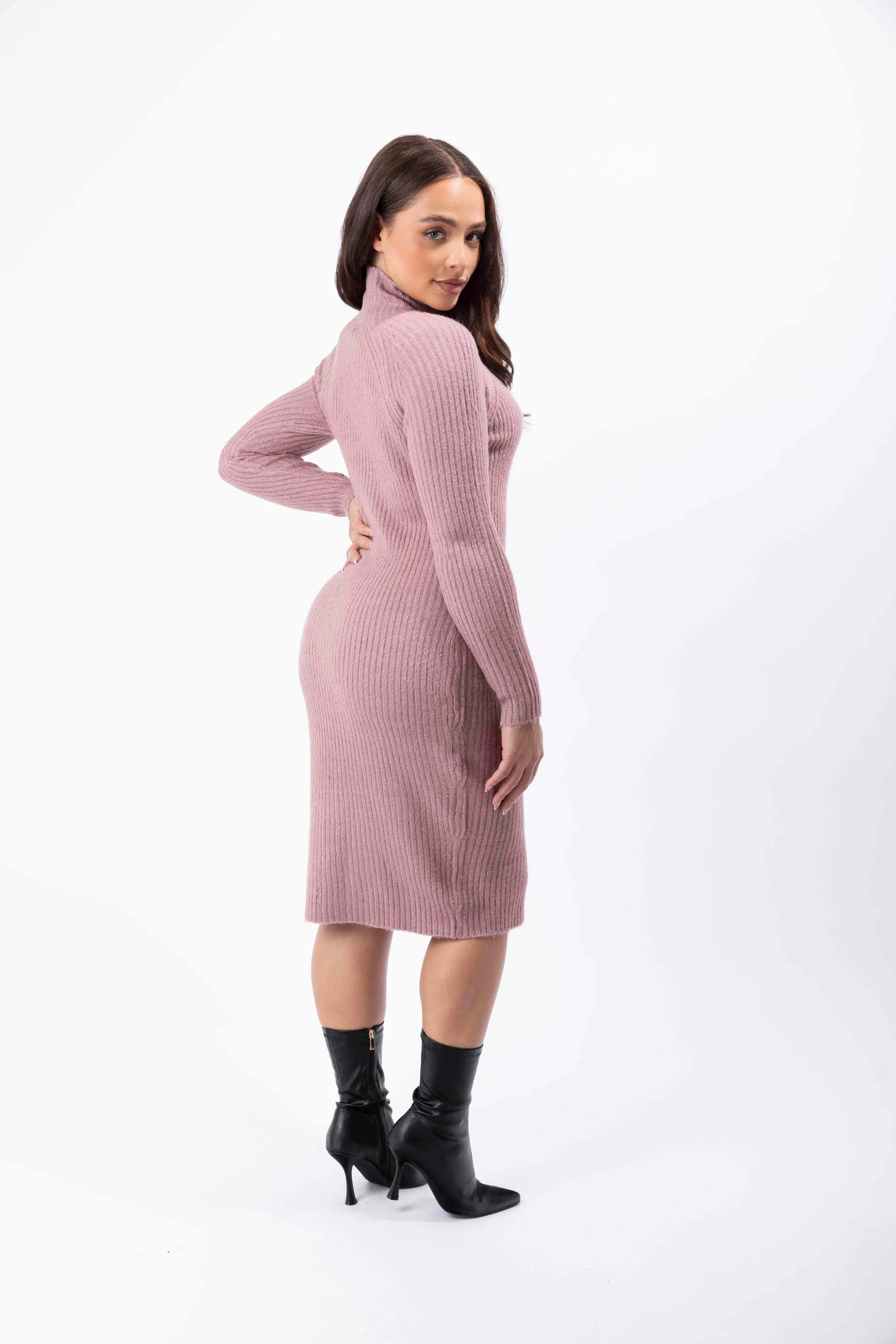 Mock Neck Ribbed Knit Stretchy Midi Bodycon Dress