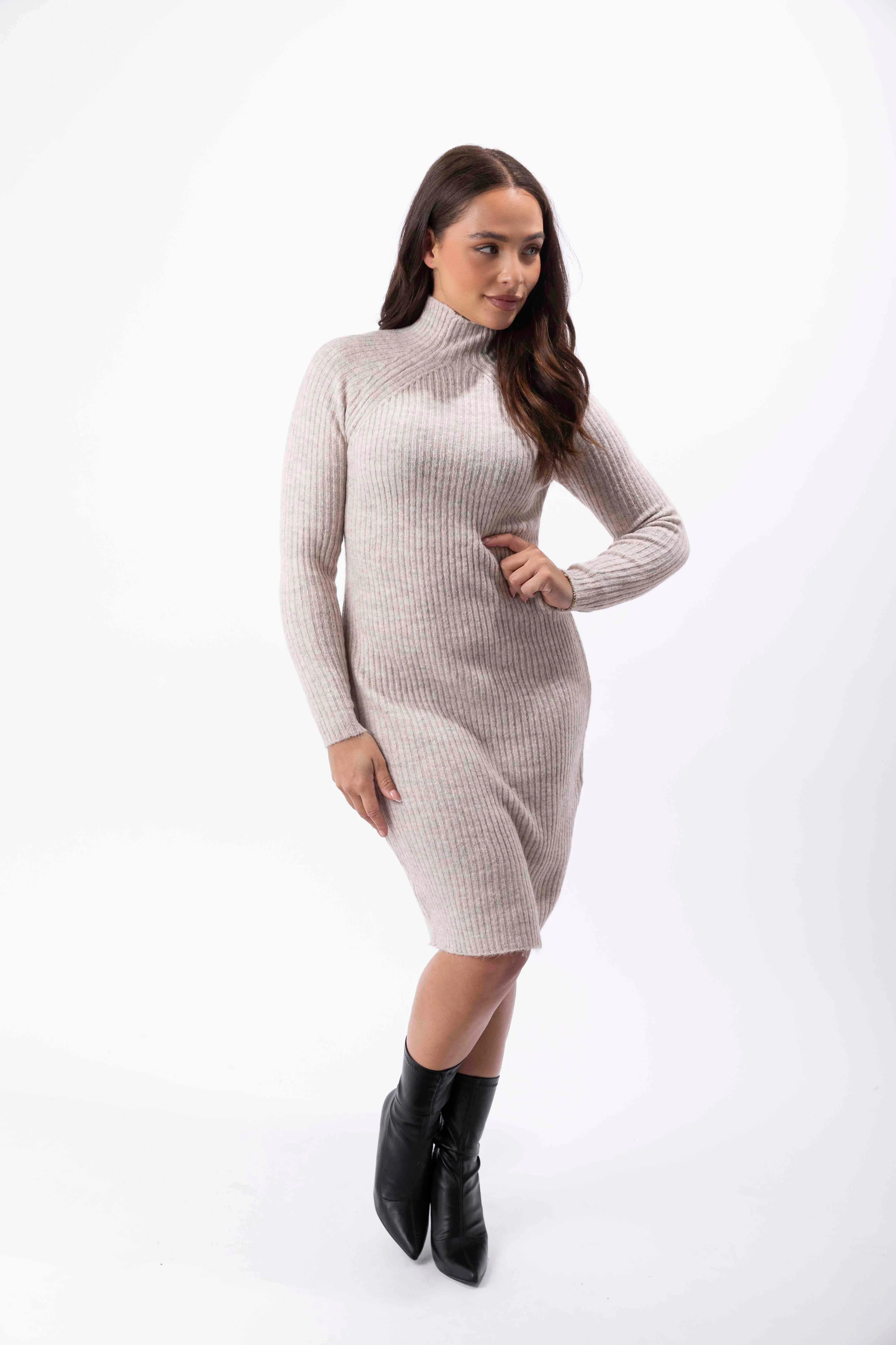 Mock Neck Ribbed Knit Stretchy Midi Bodycon Dress