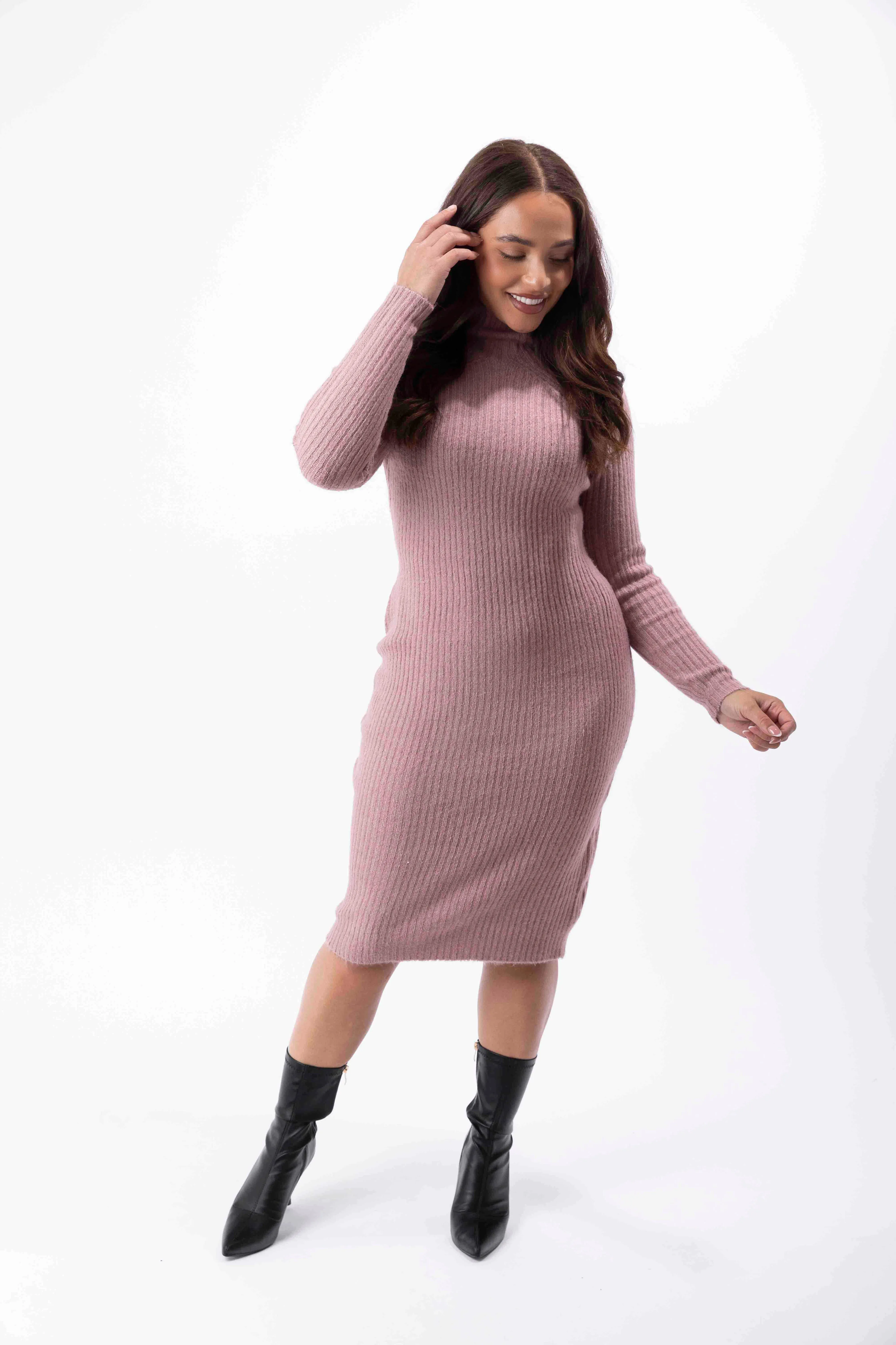 Mock Neck Ribbed Knit Stretchy Midi Bodycon Dress