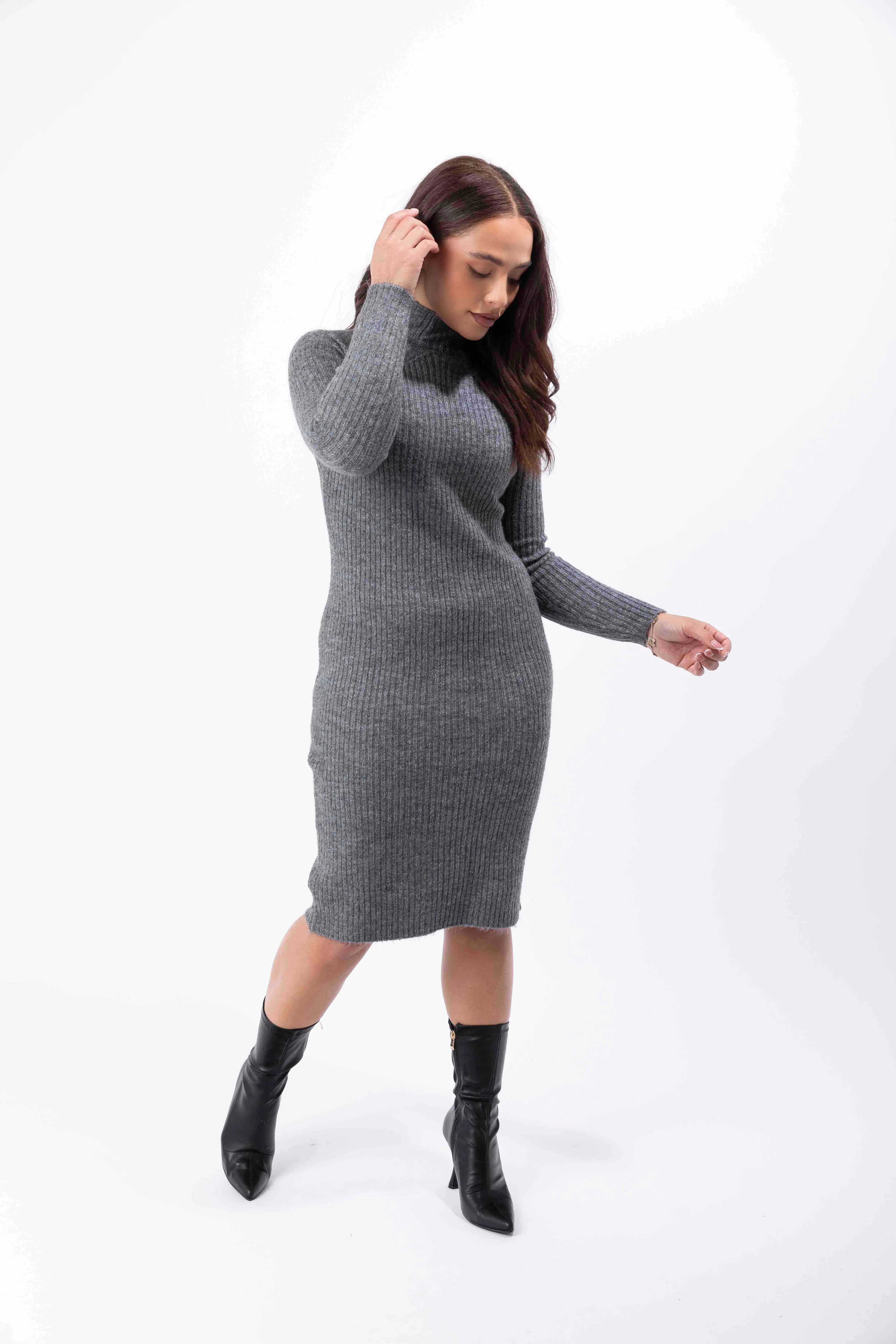 Mock Neck Ribbed Knit Stretchy Midi Bodycon Dress