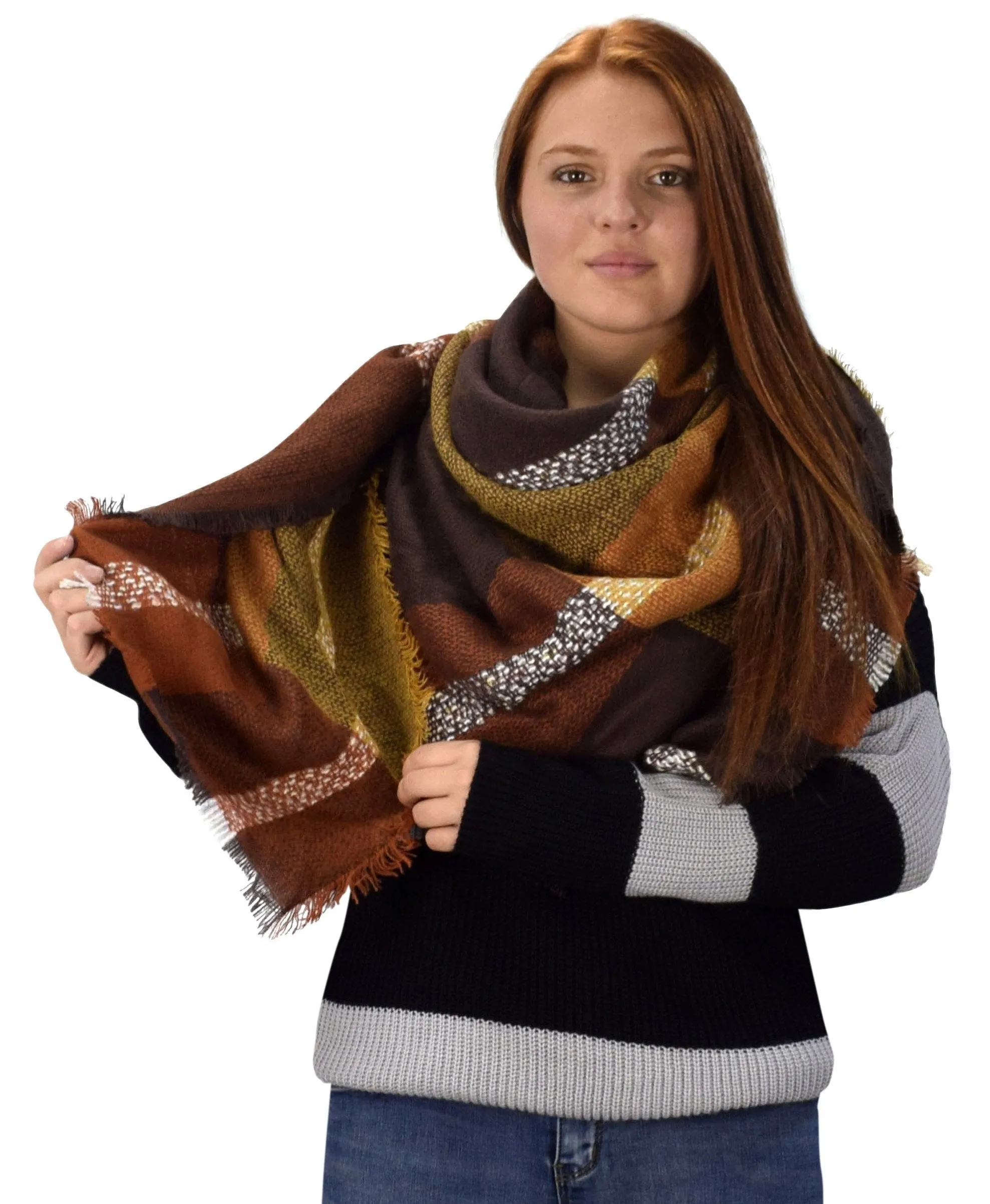 Multicolor Tartan Plaid Oversized Blanket Scarf Shawl Wrap Poncho Tan Brown