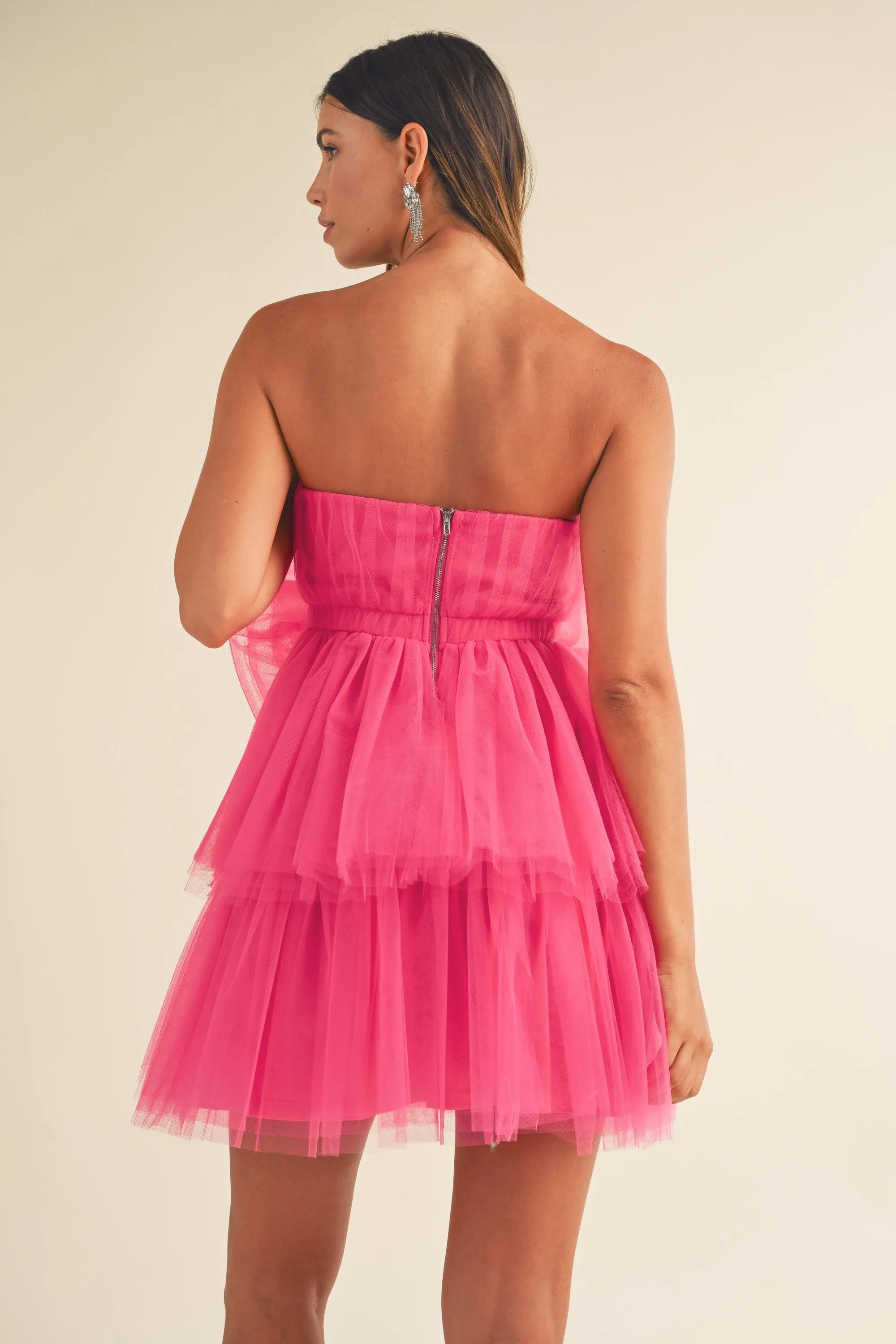 Nadia Bright Pink Tulle Bow Strapless Mini Dress