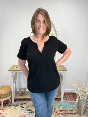 Notch Neck Short Sleeve Waffle Knit Top