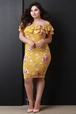 Off The Shoulder Floral Print Tiered Ruffle Midi Dress