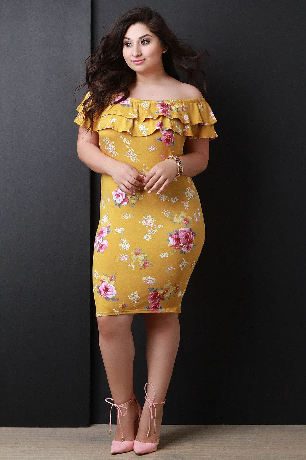 Off The Shoulder Floral Print Tiered Ruffle Midi Dress