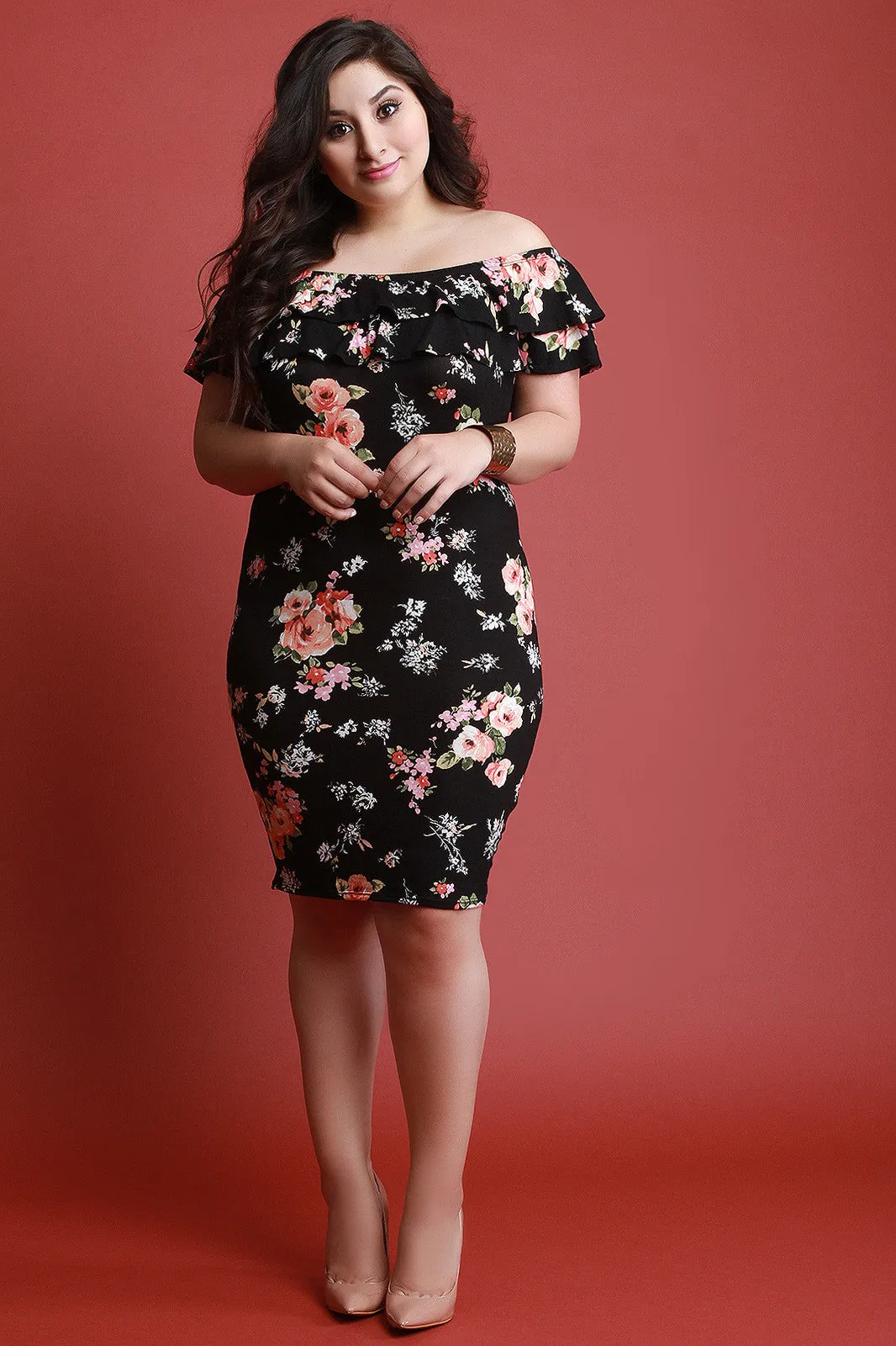 Off The Shoulder Floral Print Tiered Ruffle Midi Dress