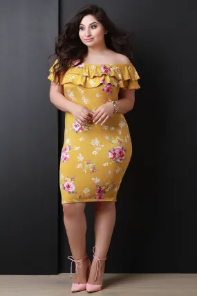 Off The Shoulder Floral Print Tiered Ruffle Midi Dress