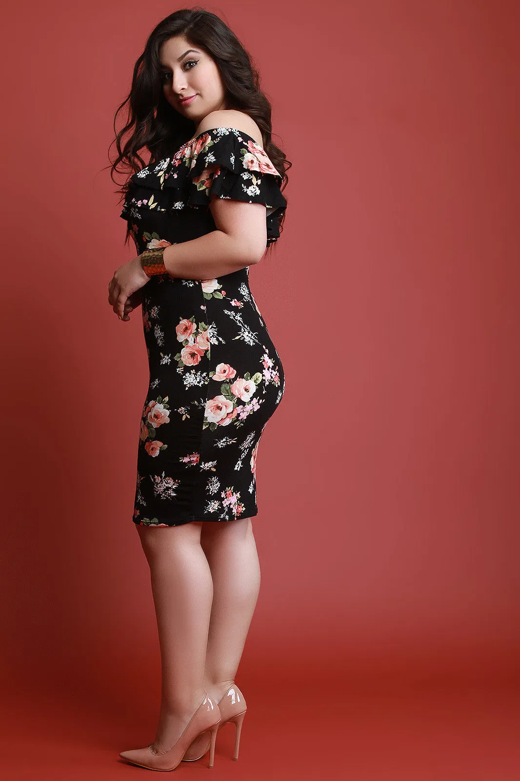Off The Shoulder Floral Print Tiered Ruffle Midi Dress