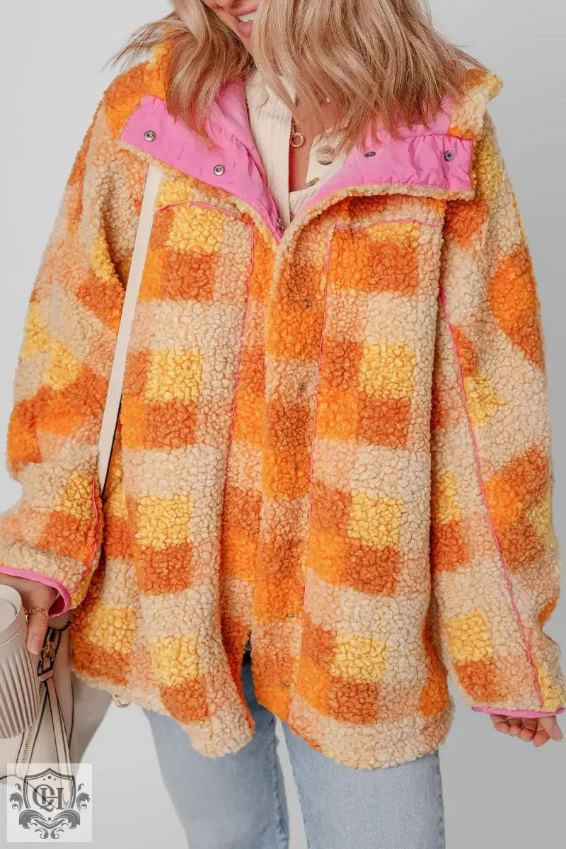 Orange Checkered Sherpa Hooded Jacket