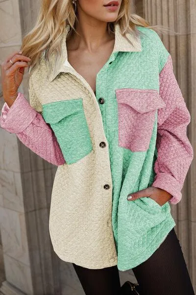 Pastel Colors Button Up Color Block Shacket