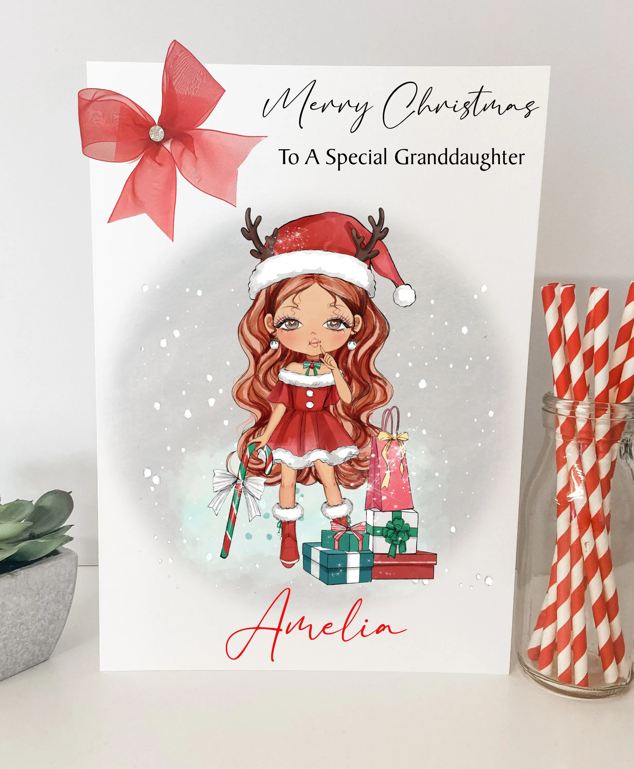 Personalised Christmas Card Girl Reindeer