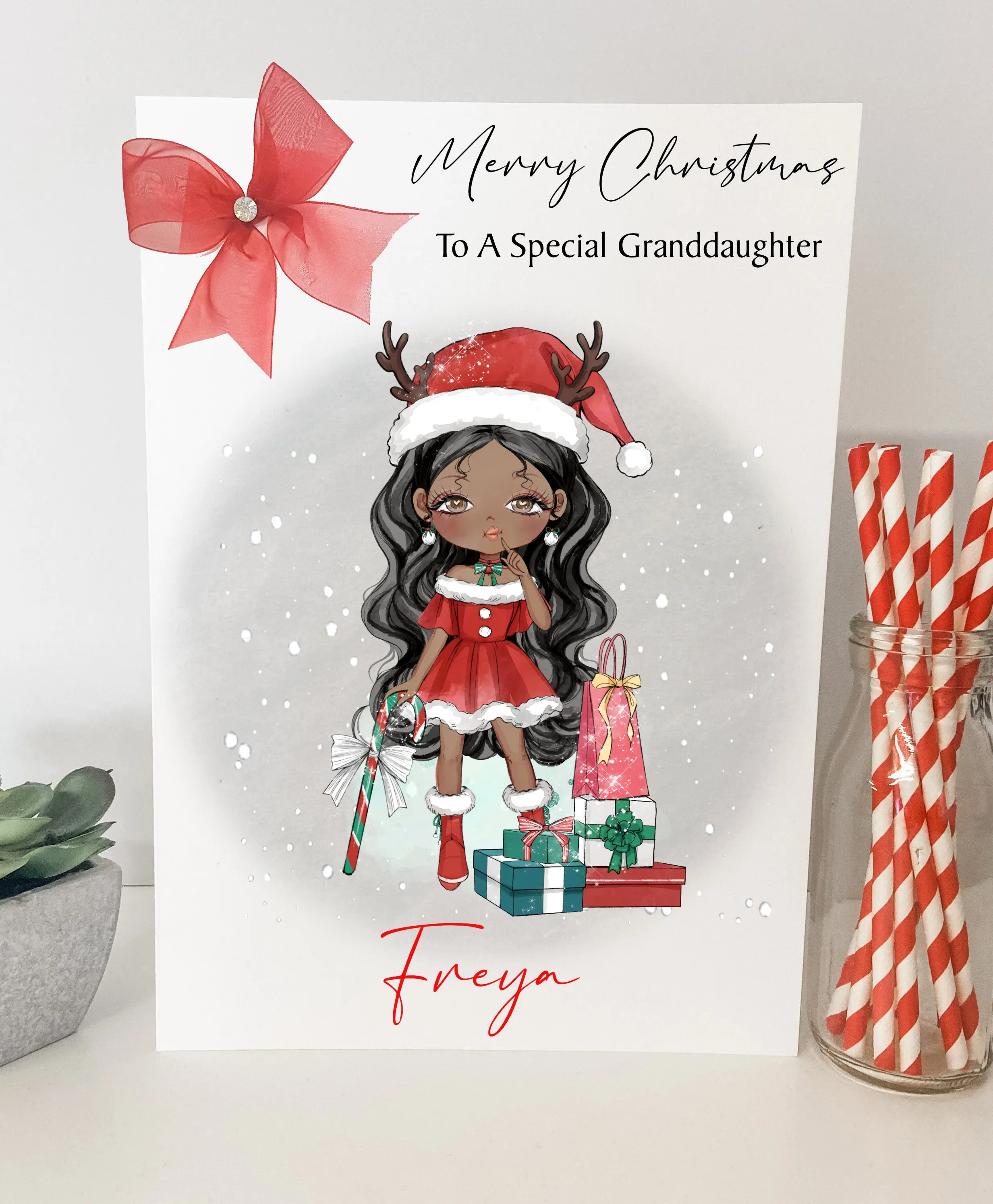 Personalised Christmas Card Girl Reindeer