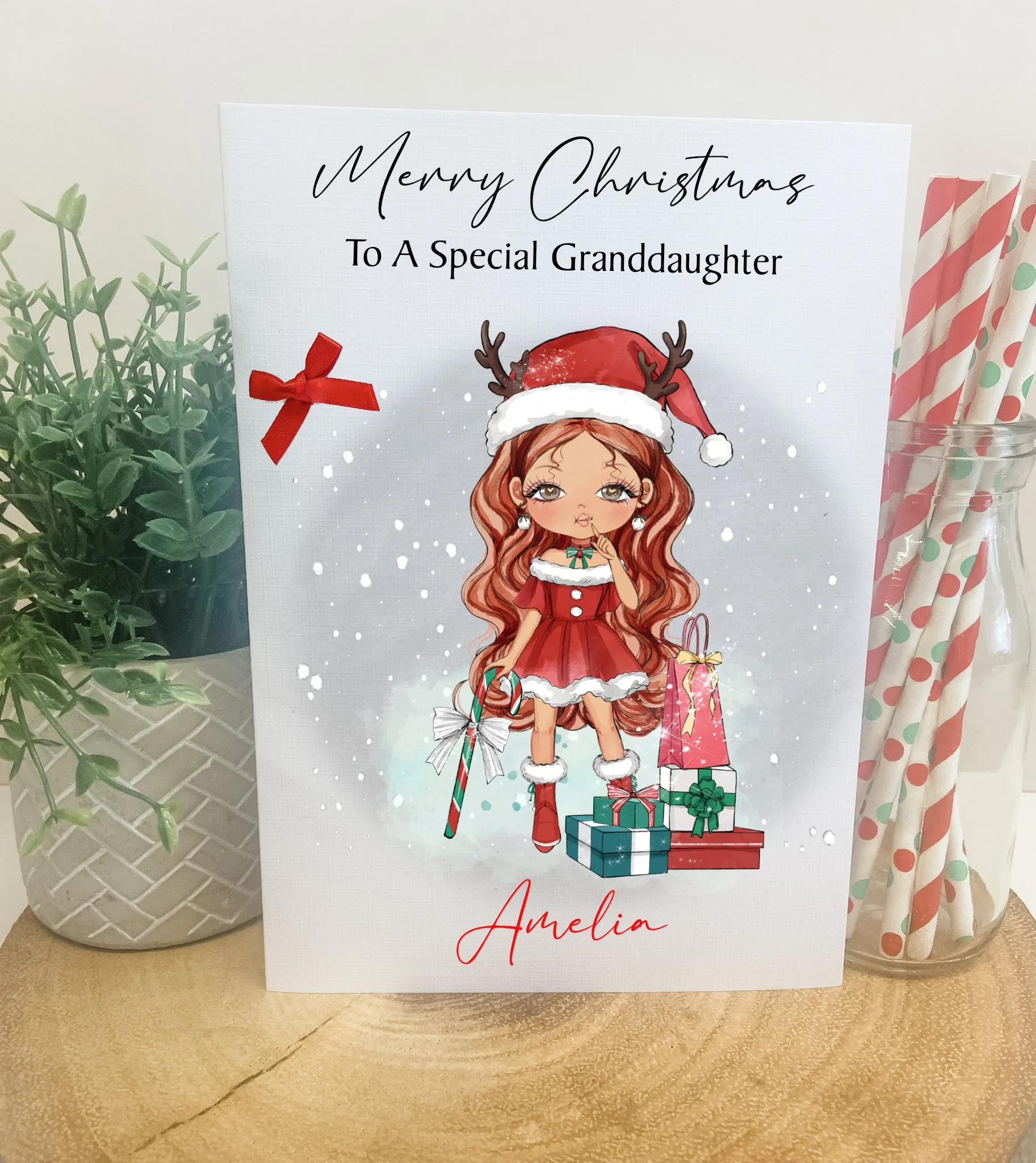 Personalised Christmas Card Girl Reindeer