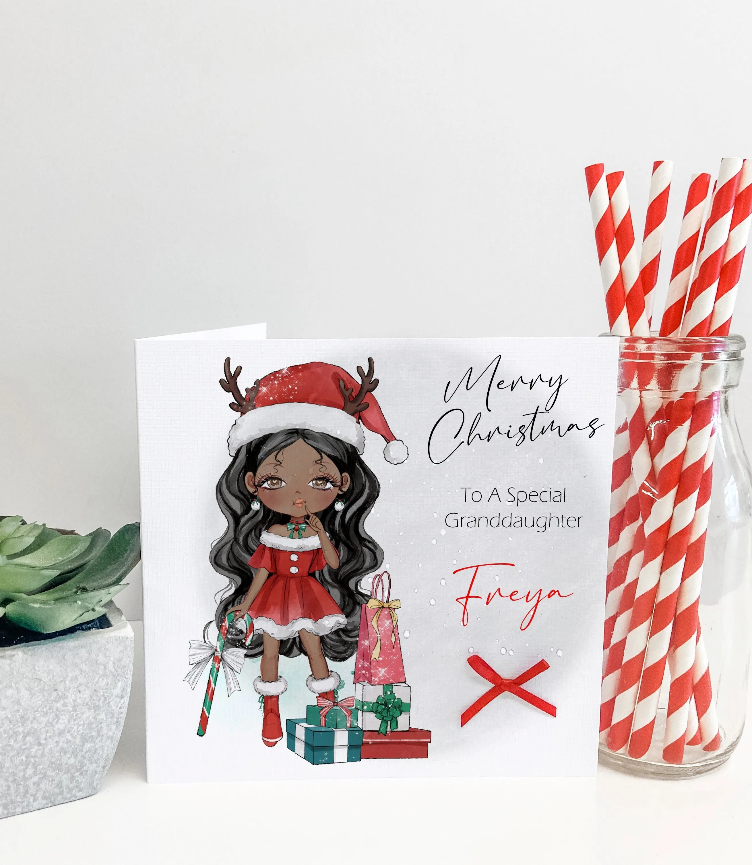 Personalised Christmas Card Girl Reindeer