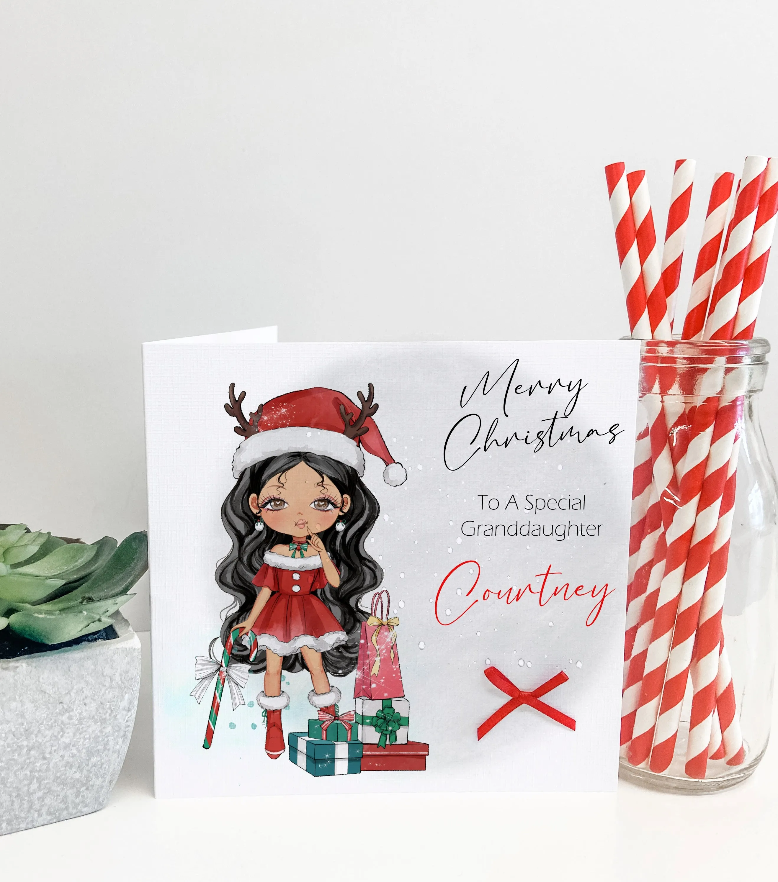 Personalised Christmas Card Girl Reindeer