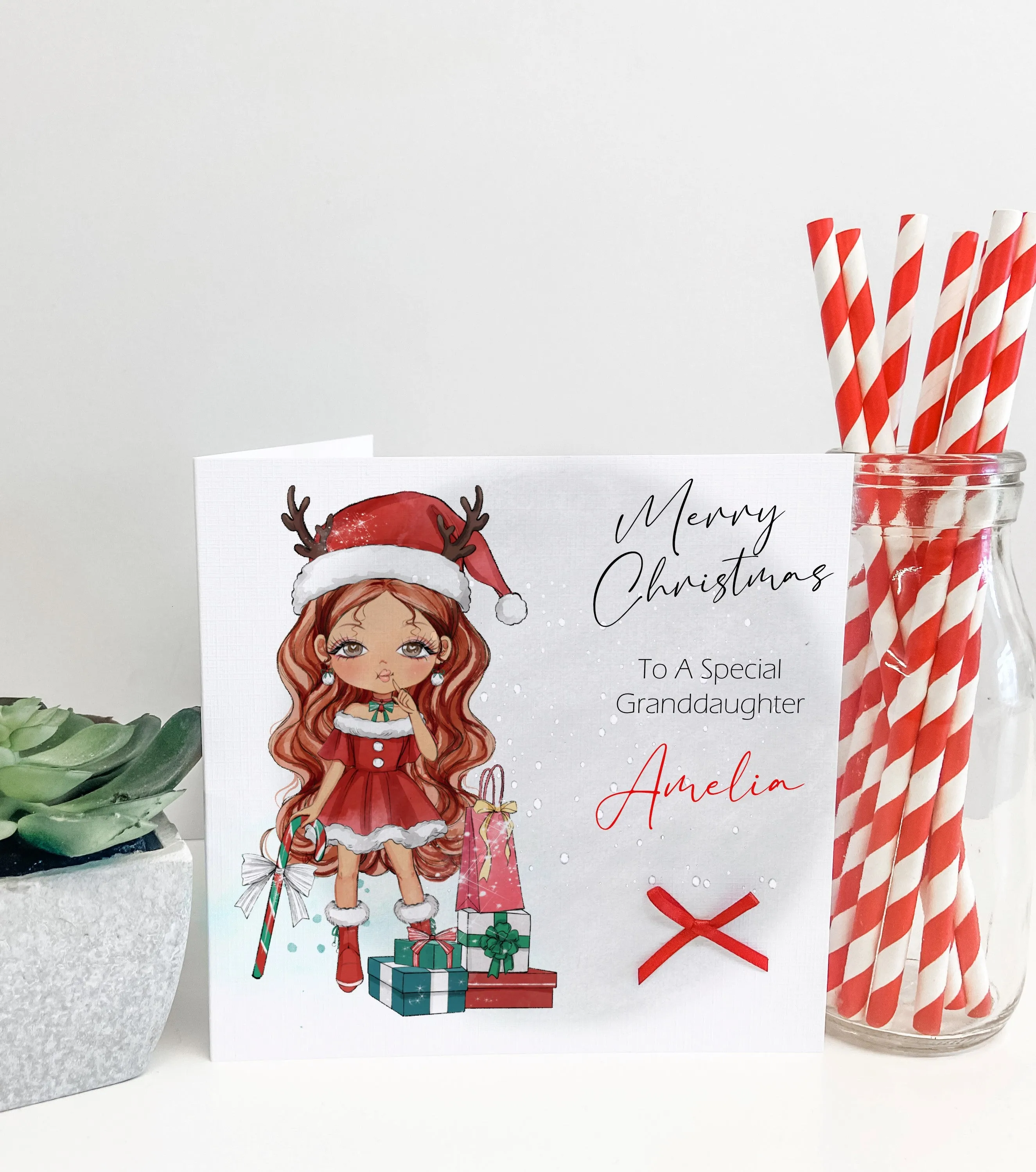 Personalised Christmas Card Girl Reindeer