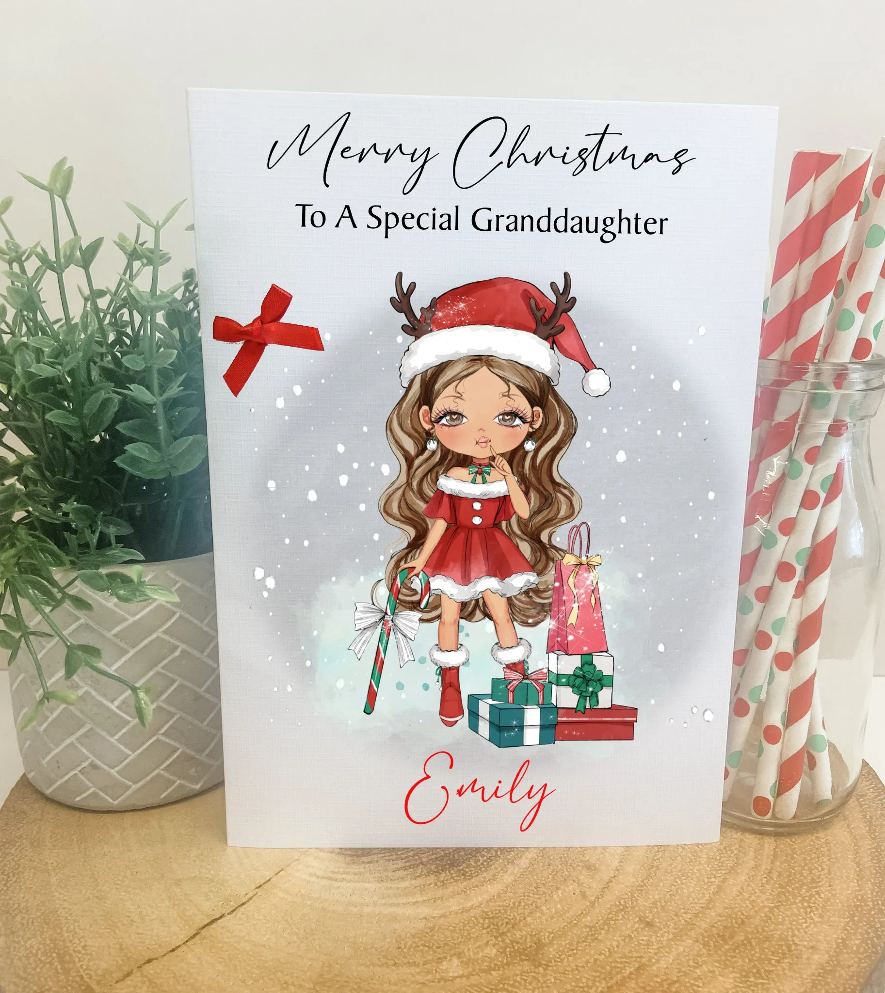 Personalised Christmas Card Girl Reindeer