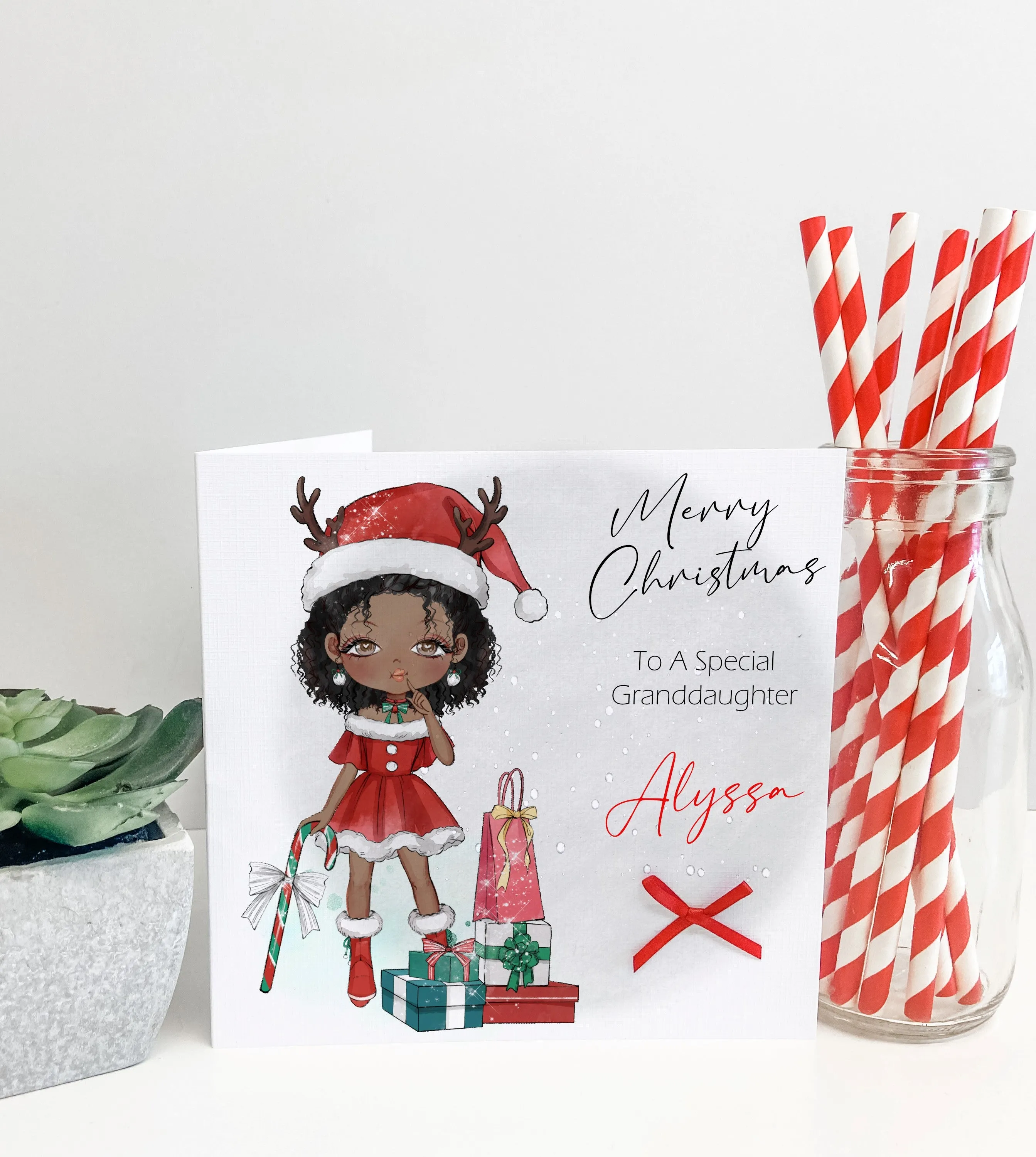 Personalised Christmas Card Girl Reindeer