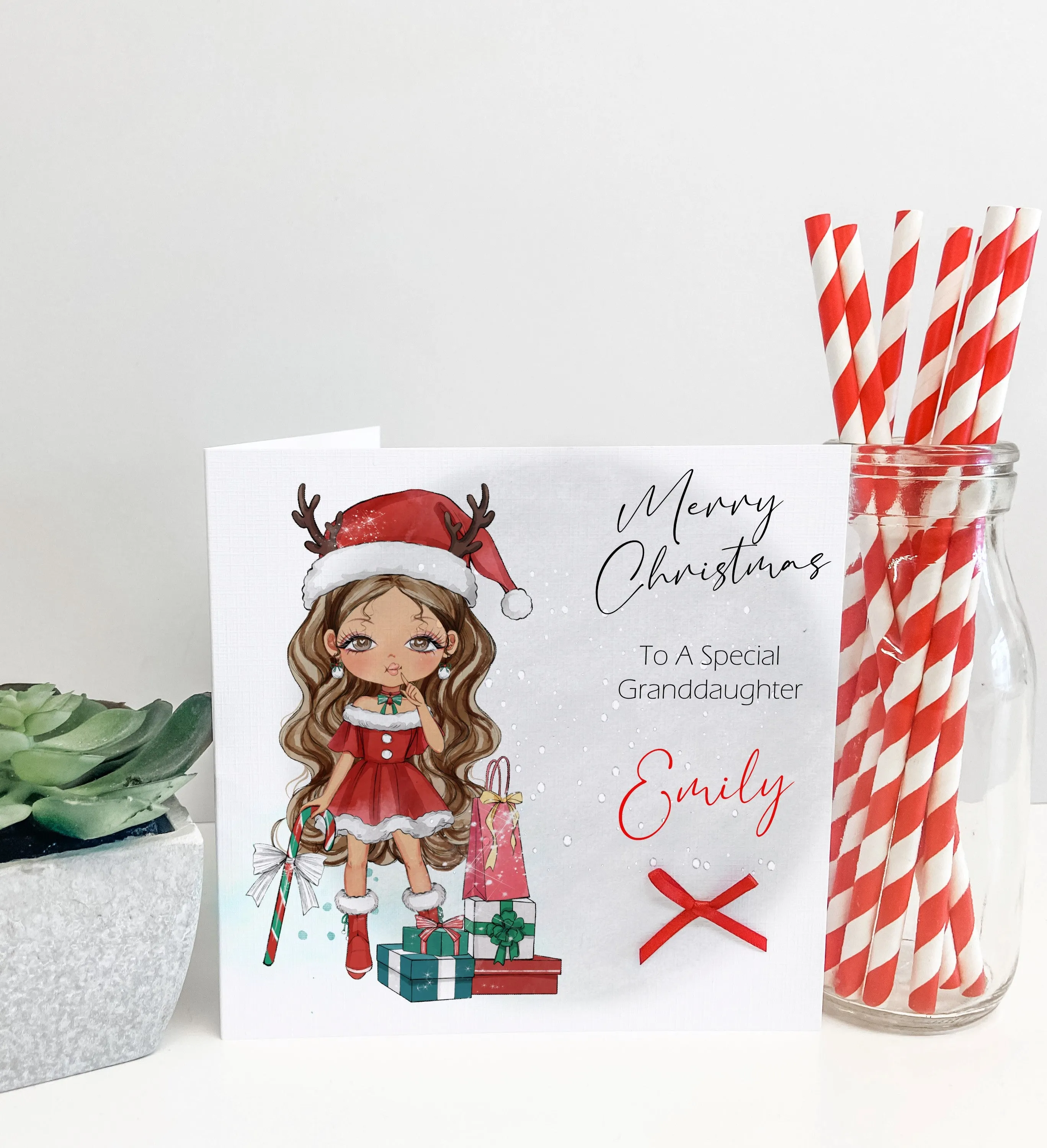 Personalised Christmas Card Girl Reindeer