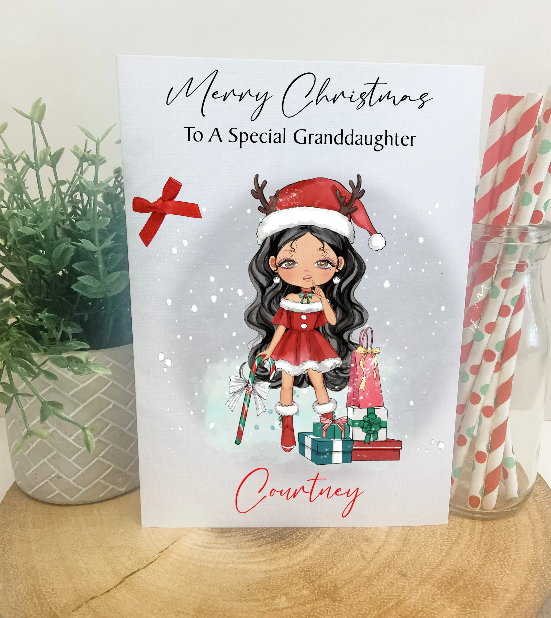 Personalised Christmas Card Girl Reindeer