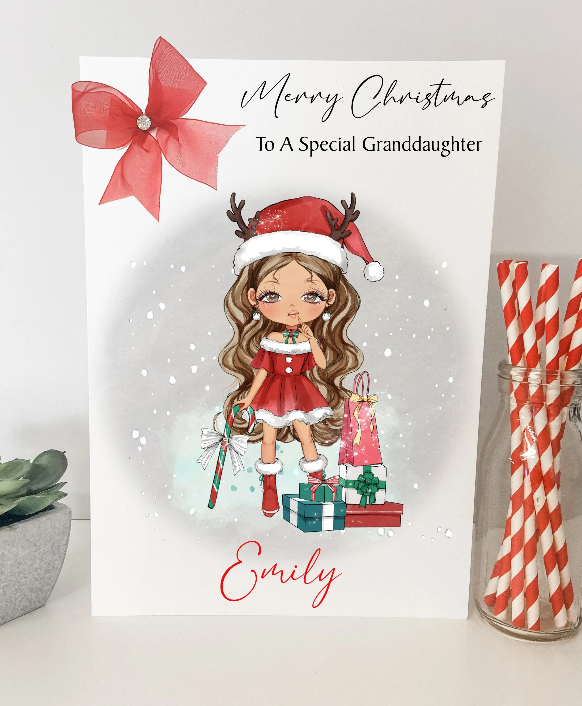 Personalised Christmas Card Girl Reindeer