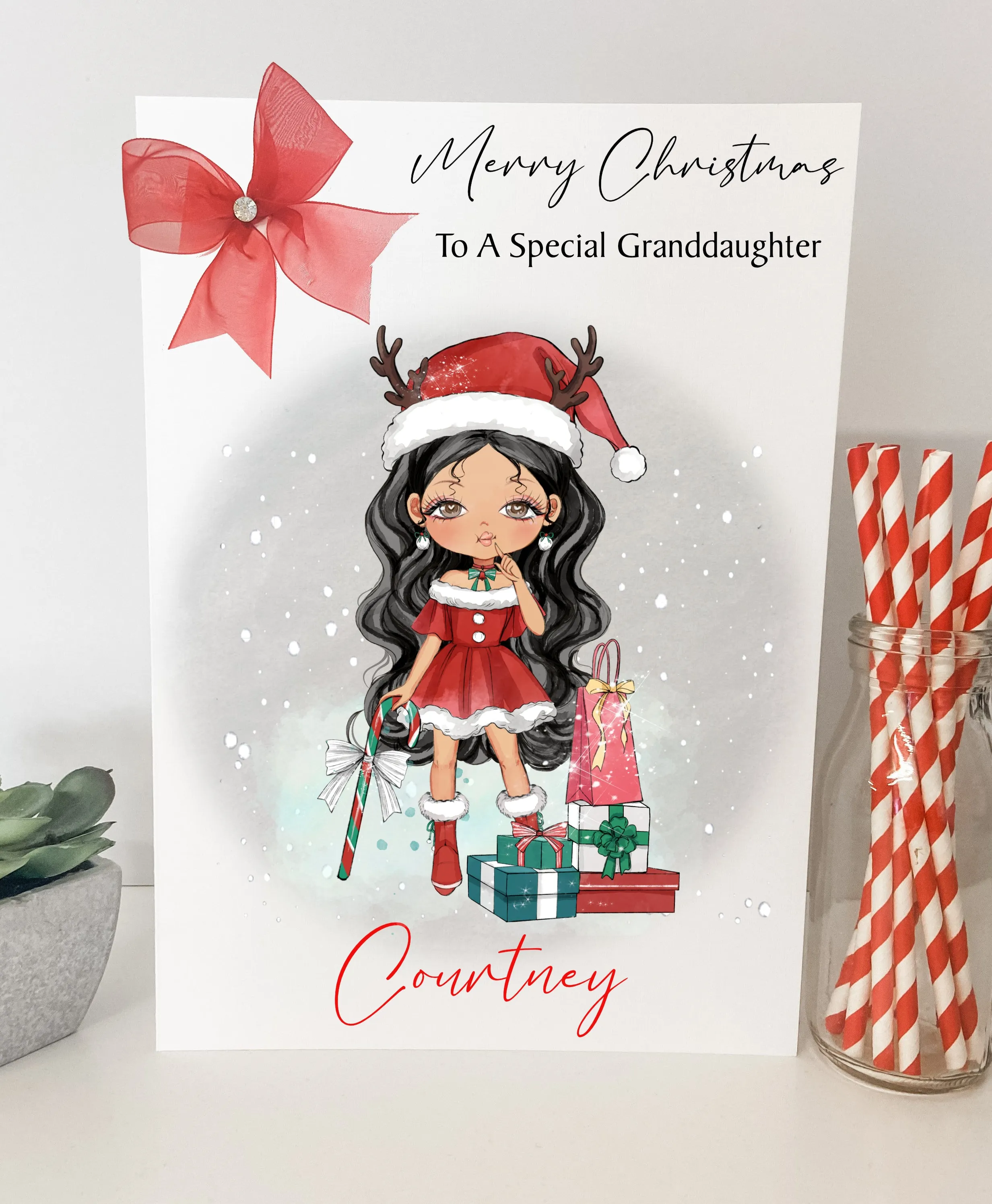 Personalised Christmas Card Girl Reindeer