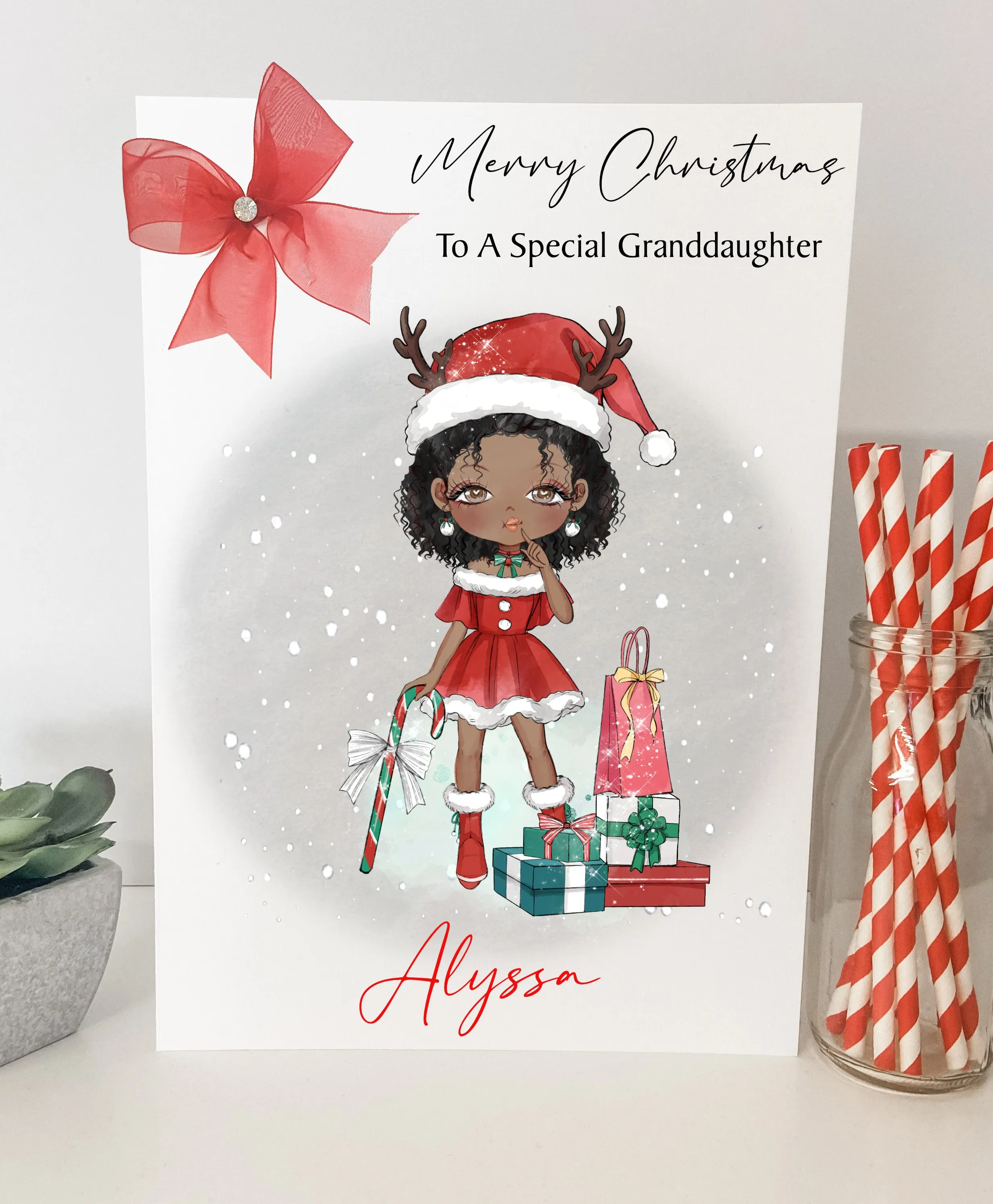 Personalised Christmas Card Girl Reindeer